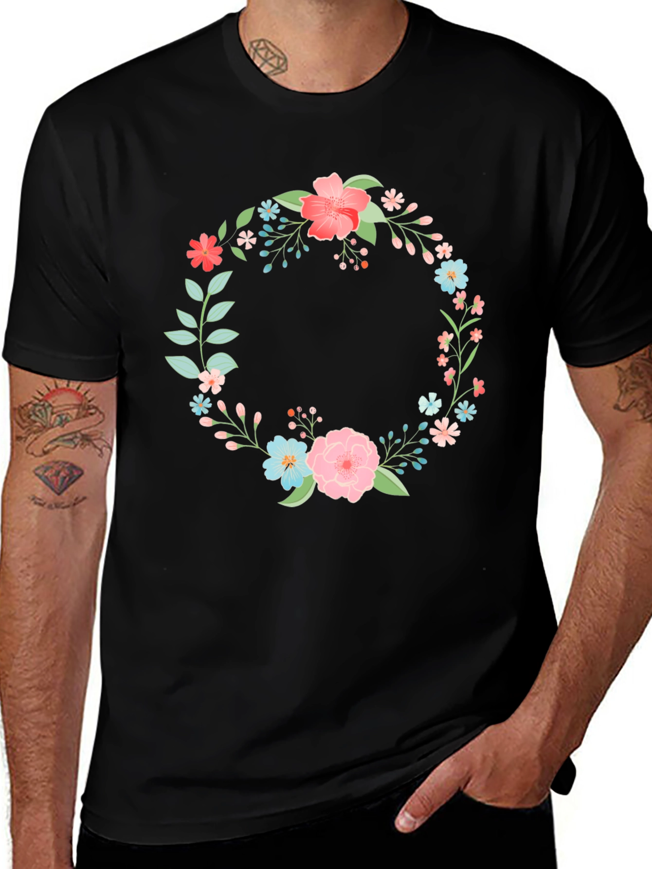 Variant 30 of Floral Wreath Graphic Black T-Shirt