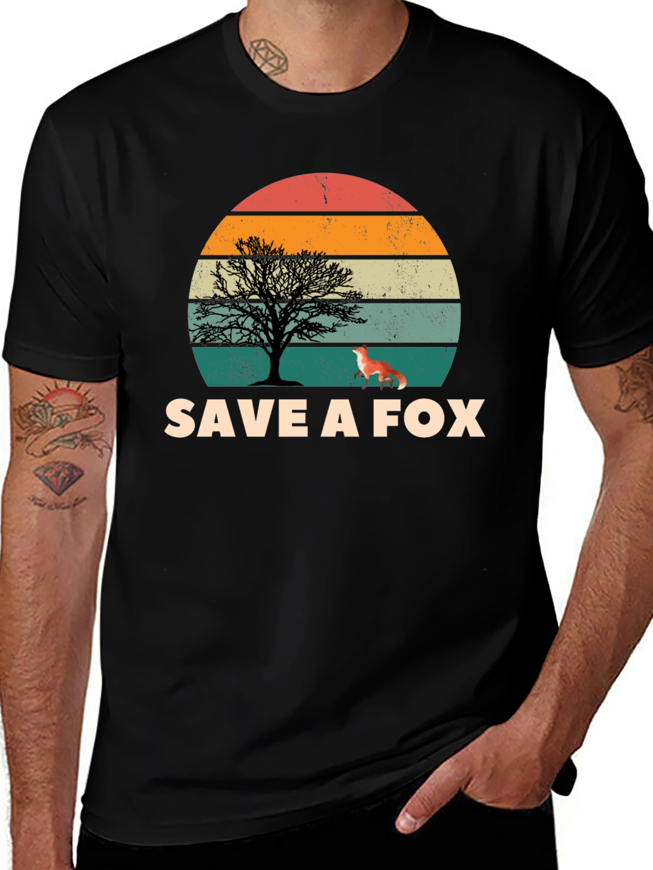 Variant 23 of Save a Fox T-Shirt Retro Sunset Tree Graphic Tee