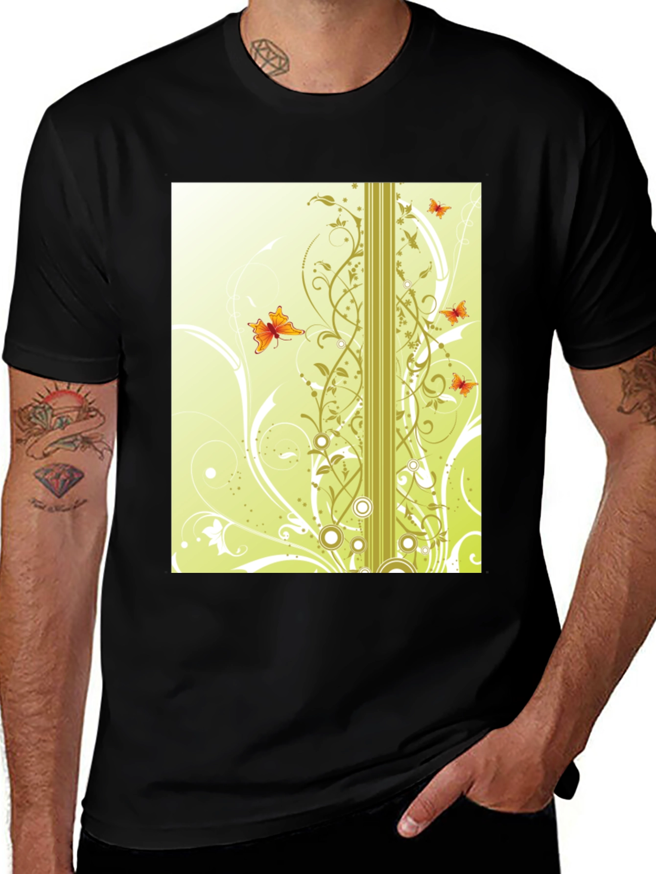 Variant 11 of Stylish Black T-Shirt with Butterfly Vine Design