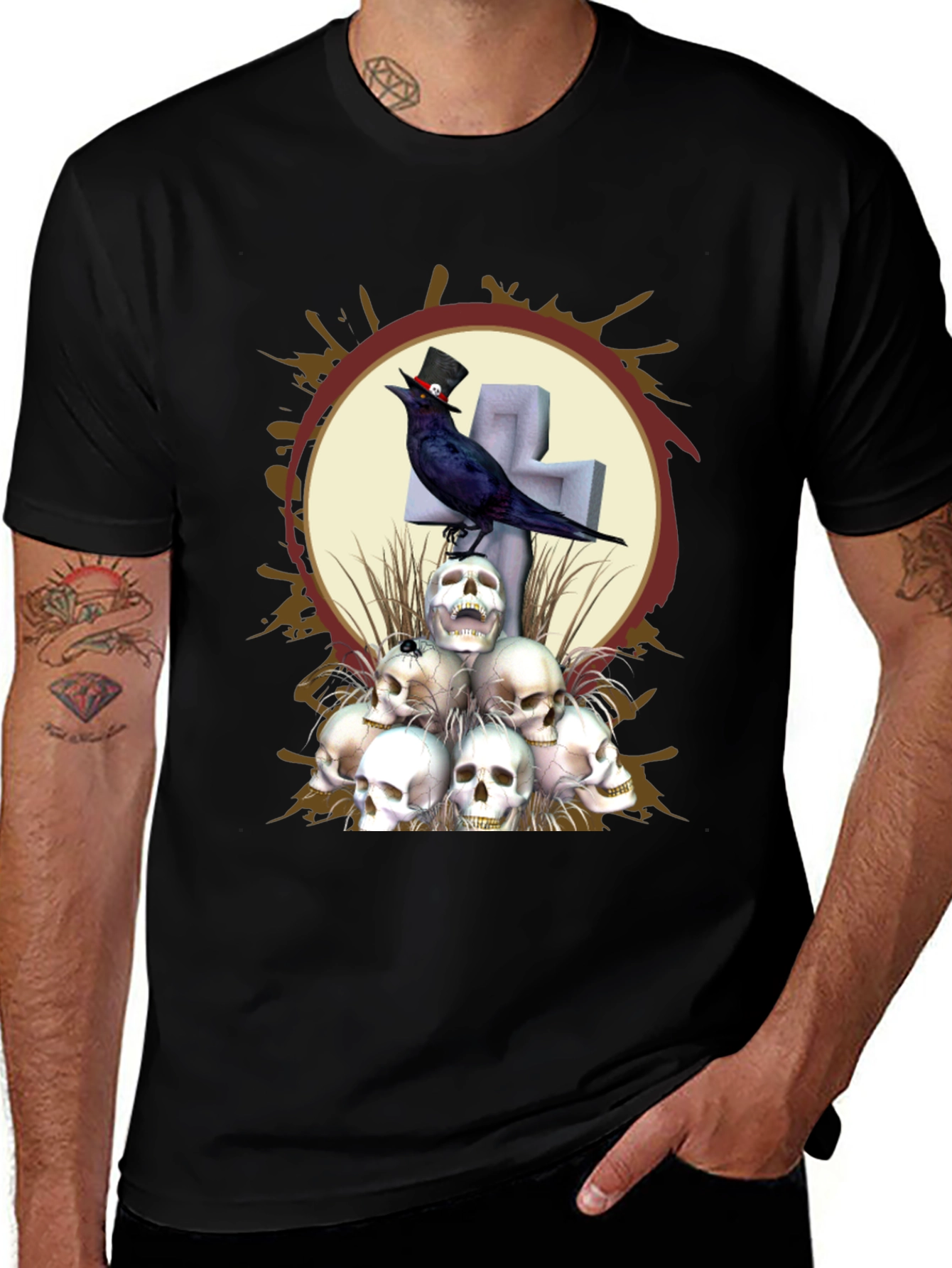 Variant 19 of Skull & Raven Graphic T-Shirt - Gothic Style