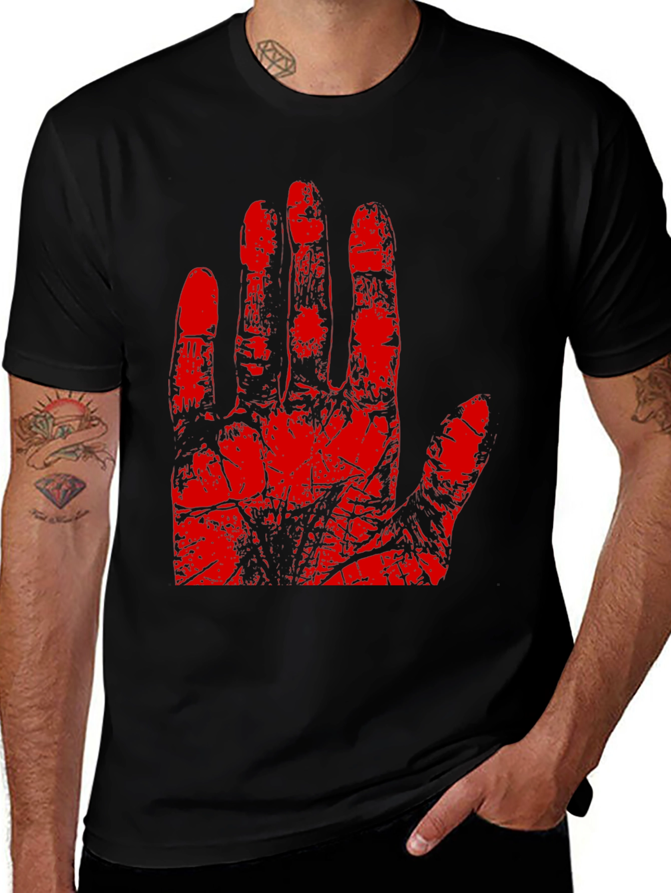 Variant 19 of Red Hand Print Graphic Tee - Black Cotton T-Shirt