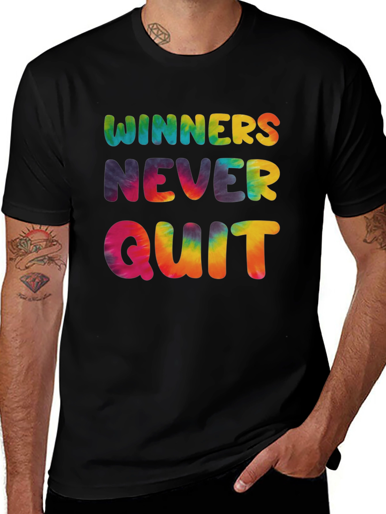 Variant 14 of Winners Never Quit Tie Dye Graphic Tee