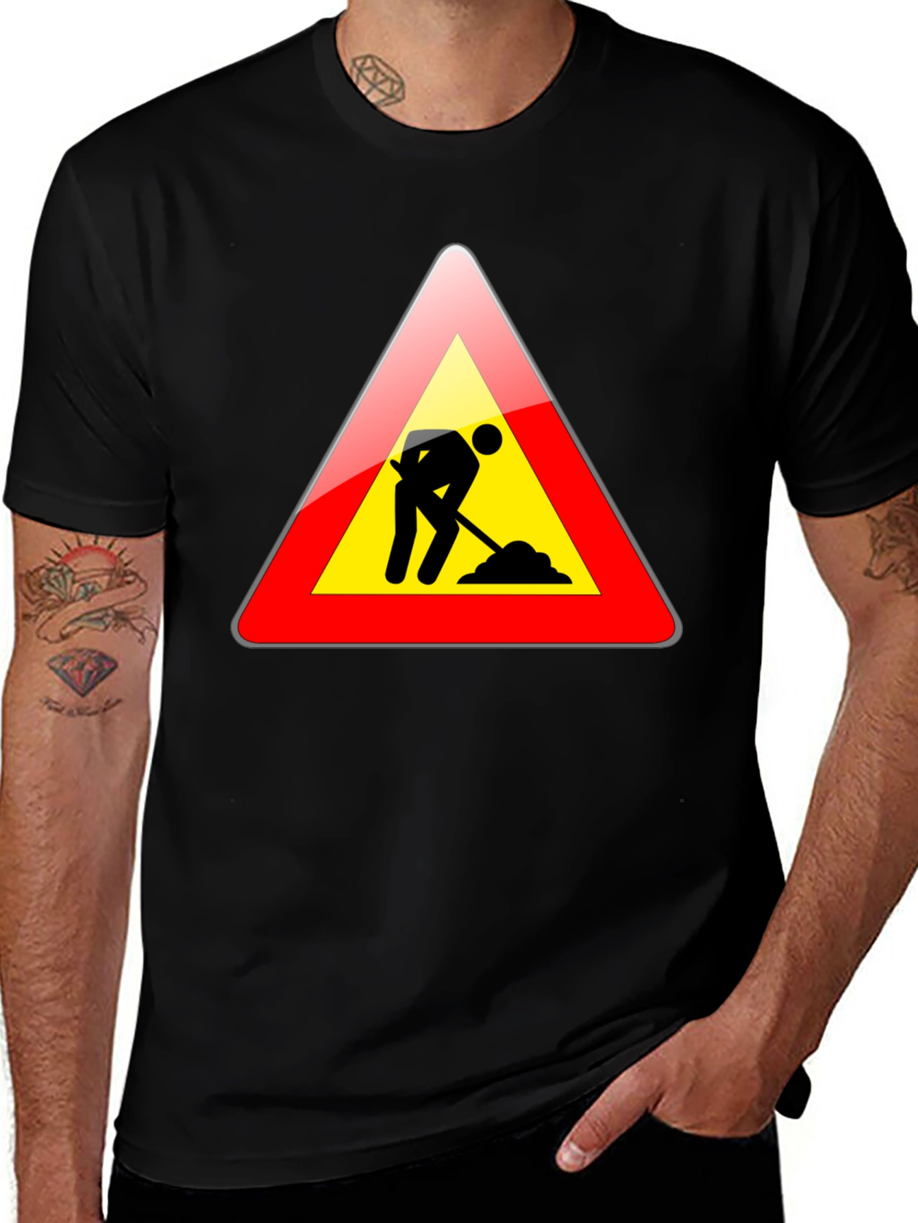 Variant 14 of Men's Black T-Shirt with Construction Sign Design