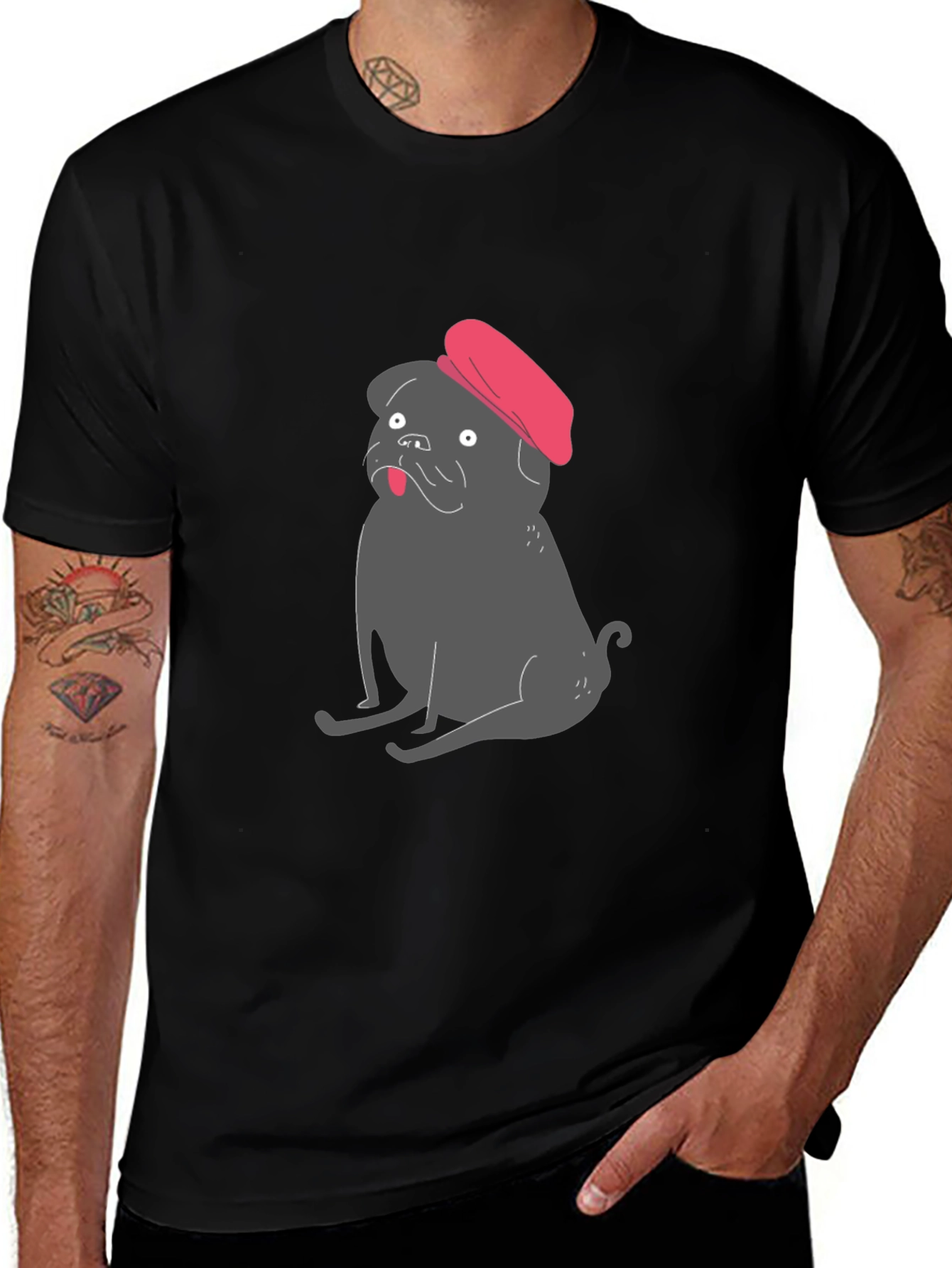 Pug with Beret Graphic Tee - Black