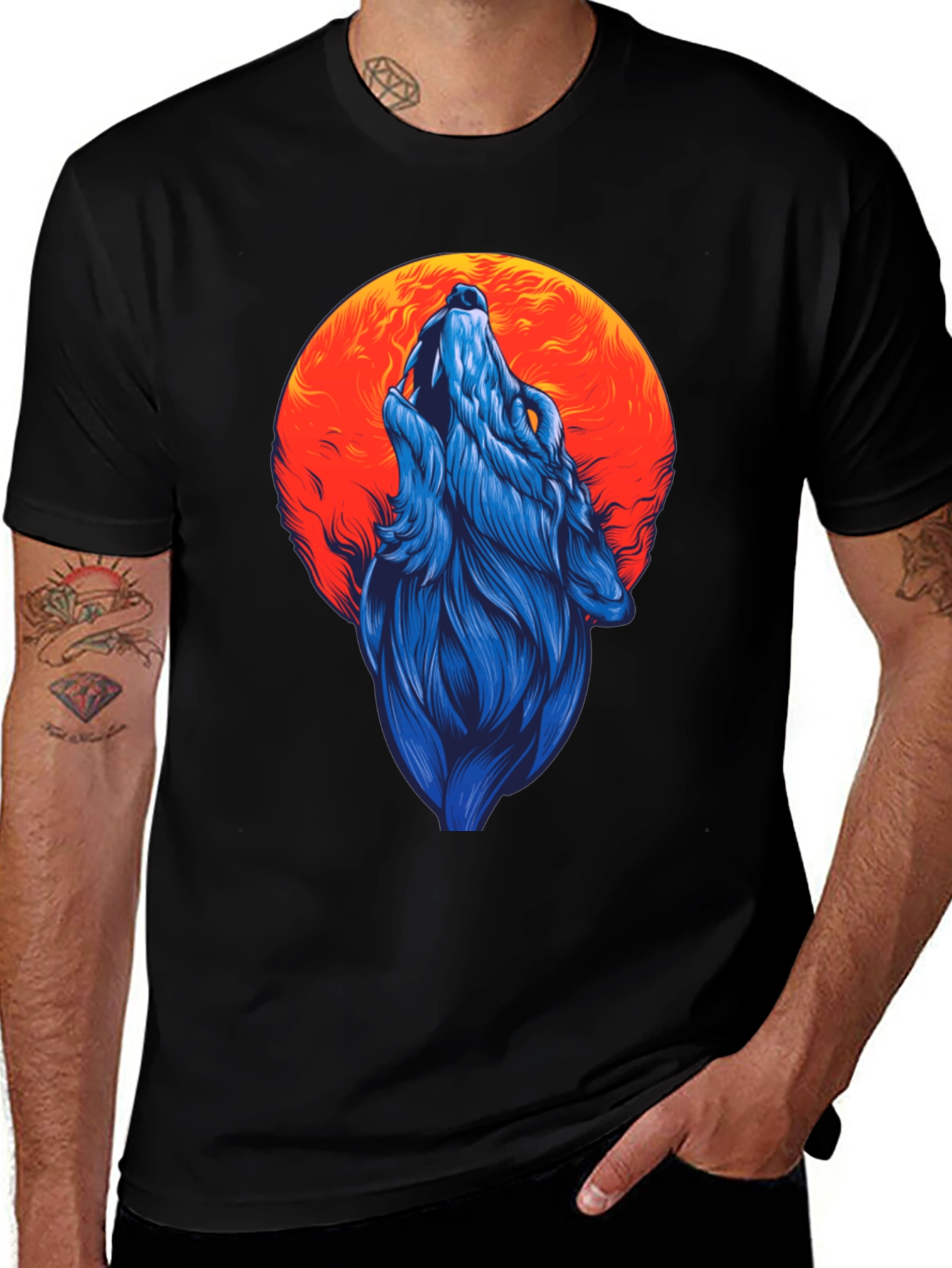 Variant 3 of Wolf Howling at Moon Graphic Tee - Black