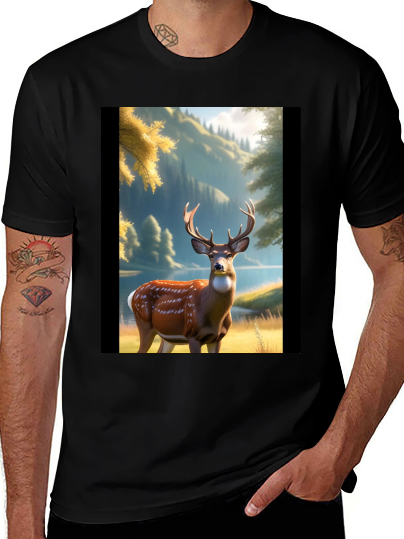 Variant 16 of Deer Graphic Print Black T-Shirt