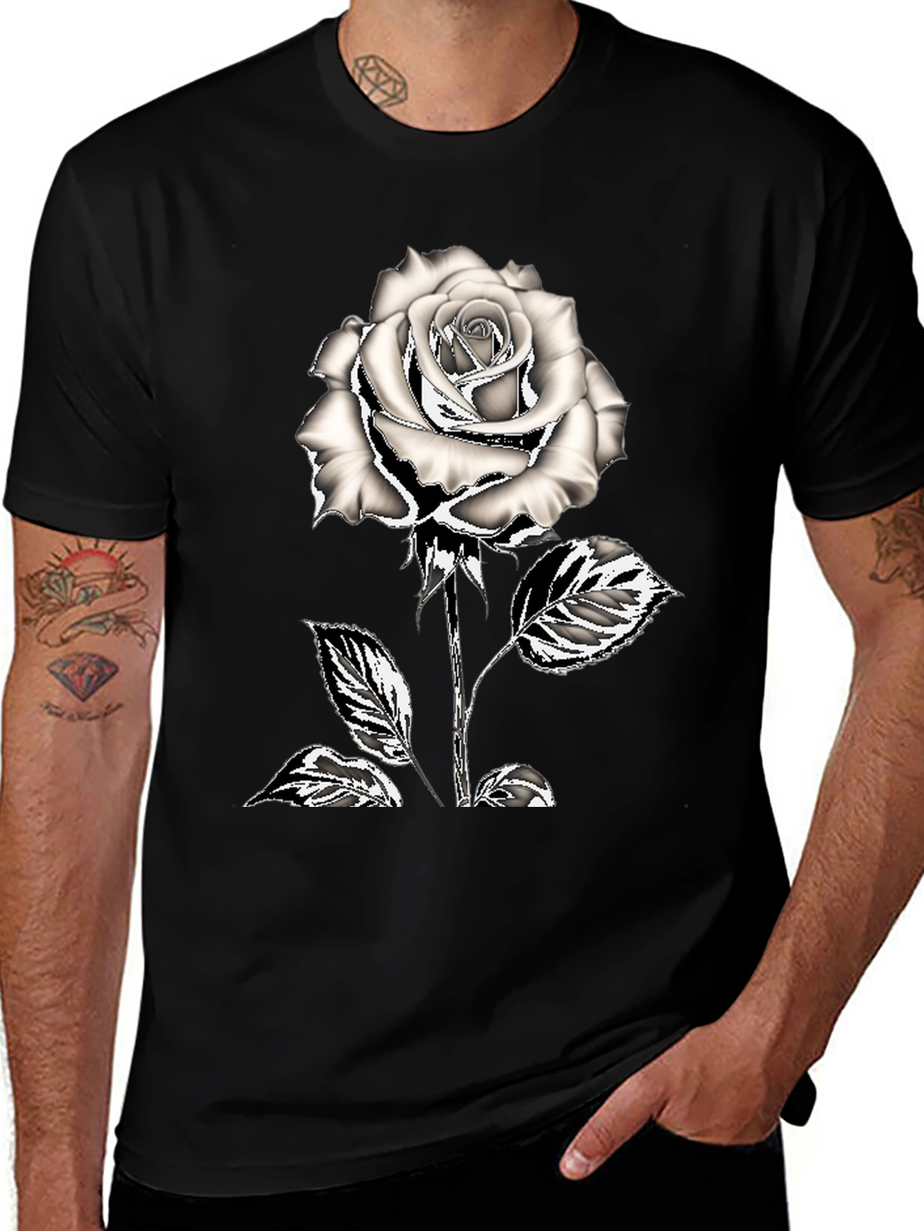 Variant 24 of Black T-Shirt with Silver Rose Graphic