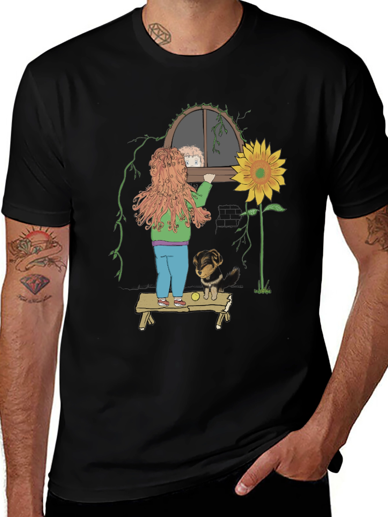 Variant 25 of Quirky Graphic Tee: Girl, Dog & Sunflower Design