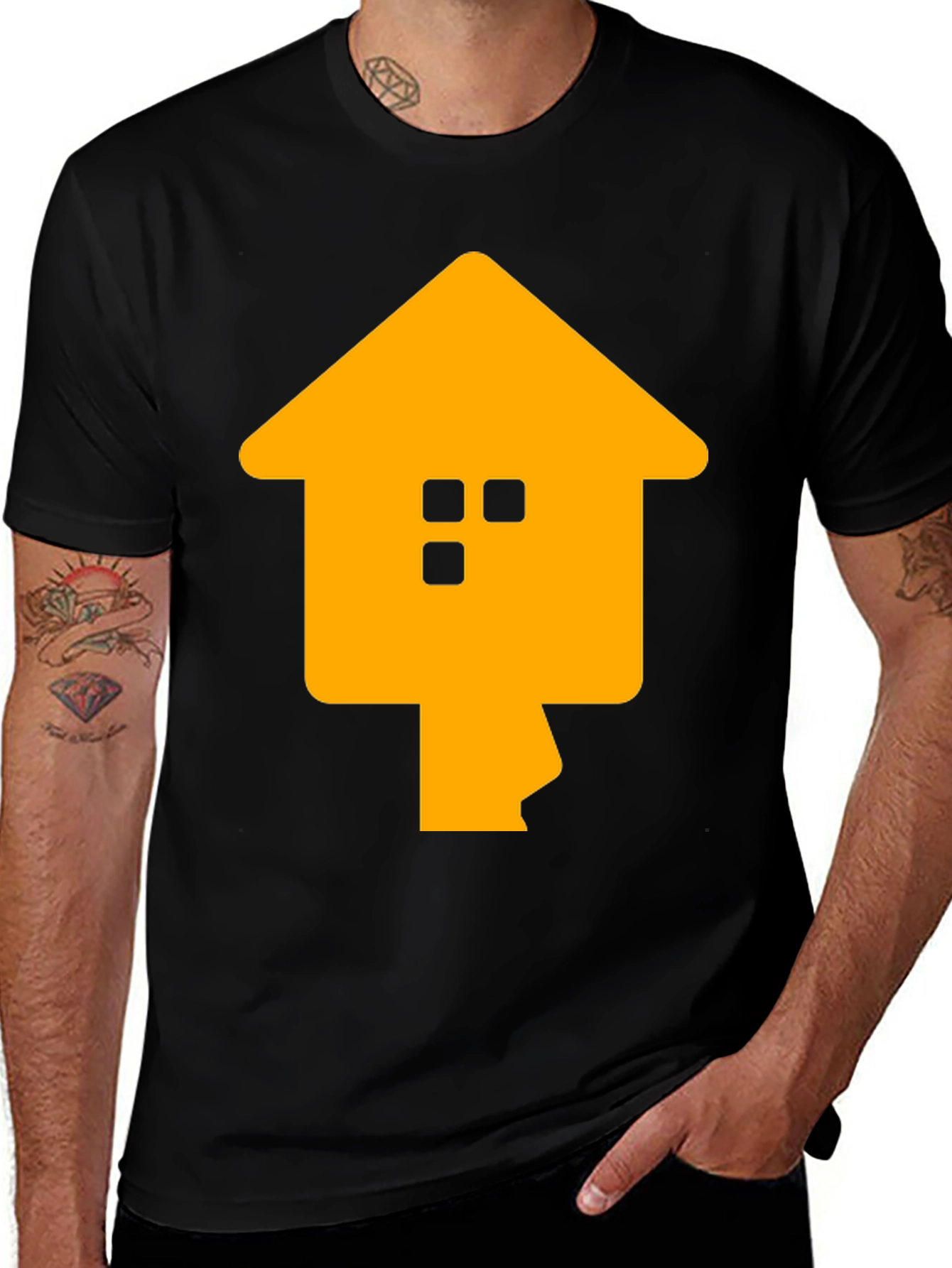 Geometric House Graphic Tee - Black Cotton Casual Shirt