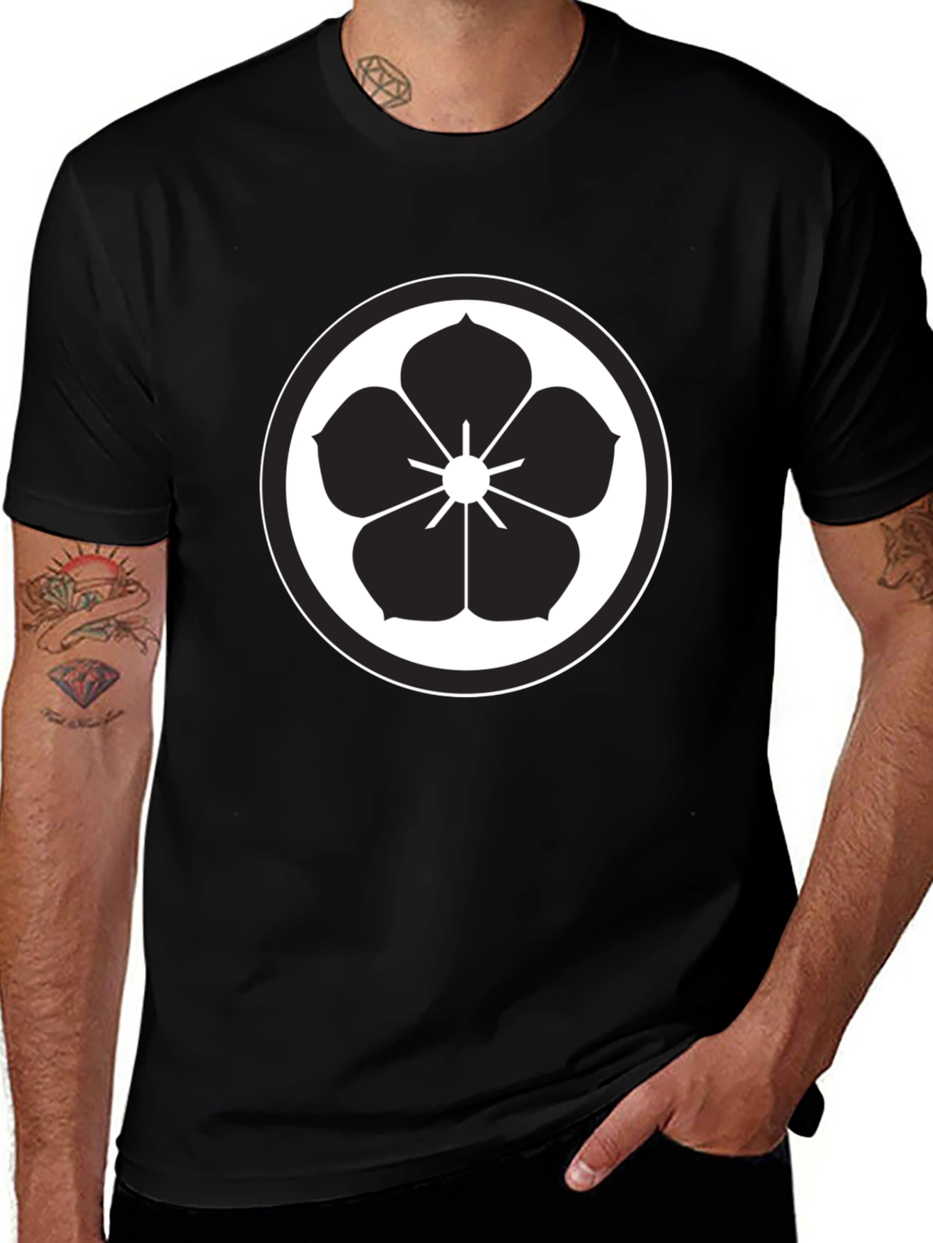 Variant 5 of Black T-Shirt with White Flower Circle Design