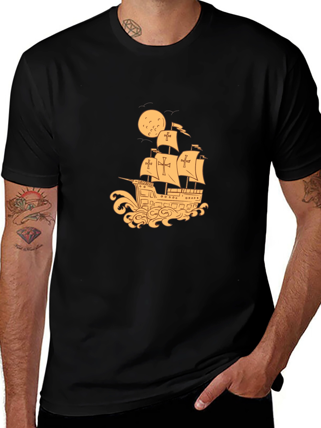Variant 8 of Vintage Galleon Ship T-Shirt - Black Cotton Tee