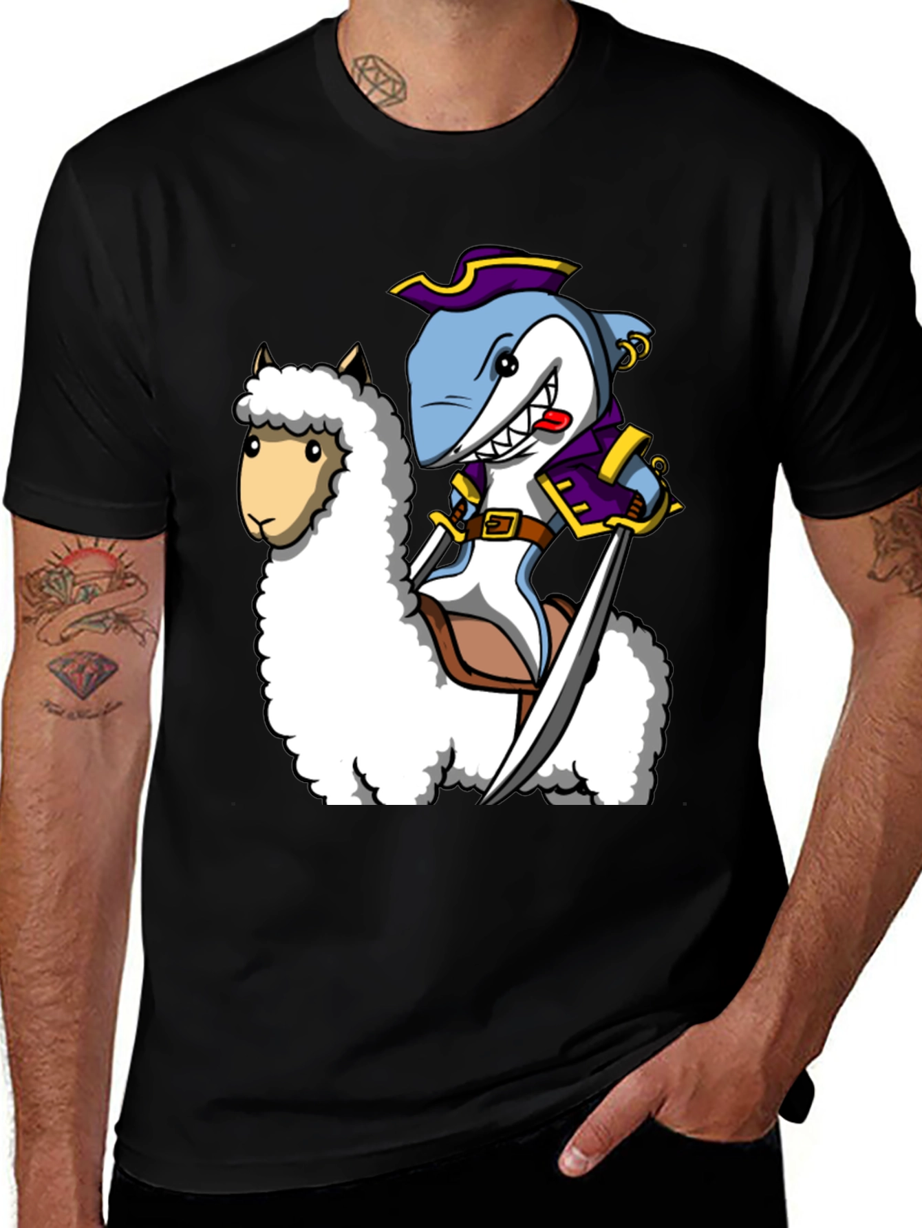 Variant 28 of Shark Pirate Riding Llama T-Shirt