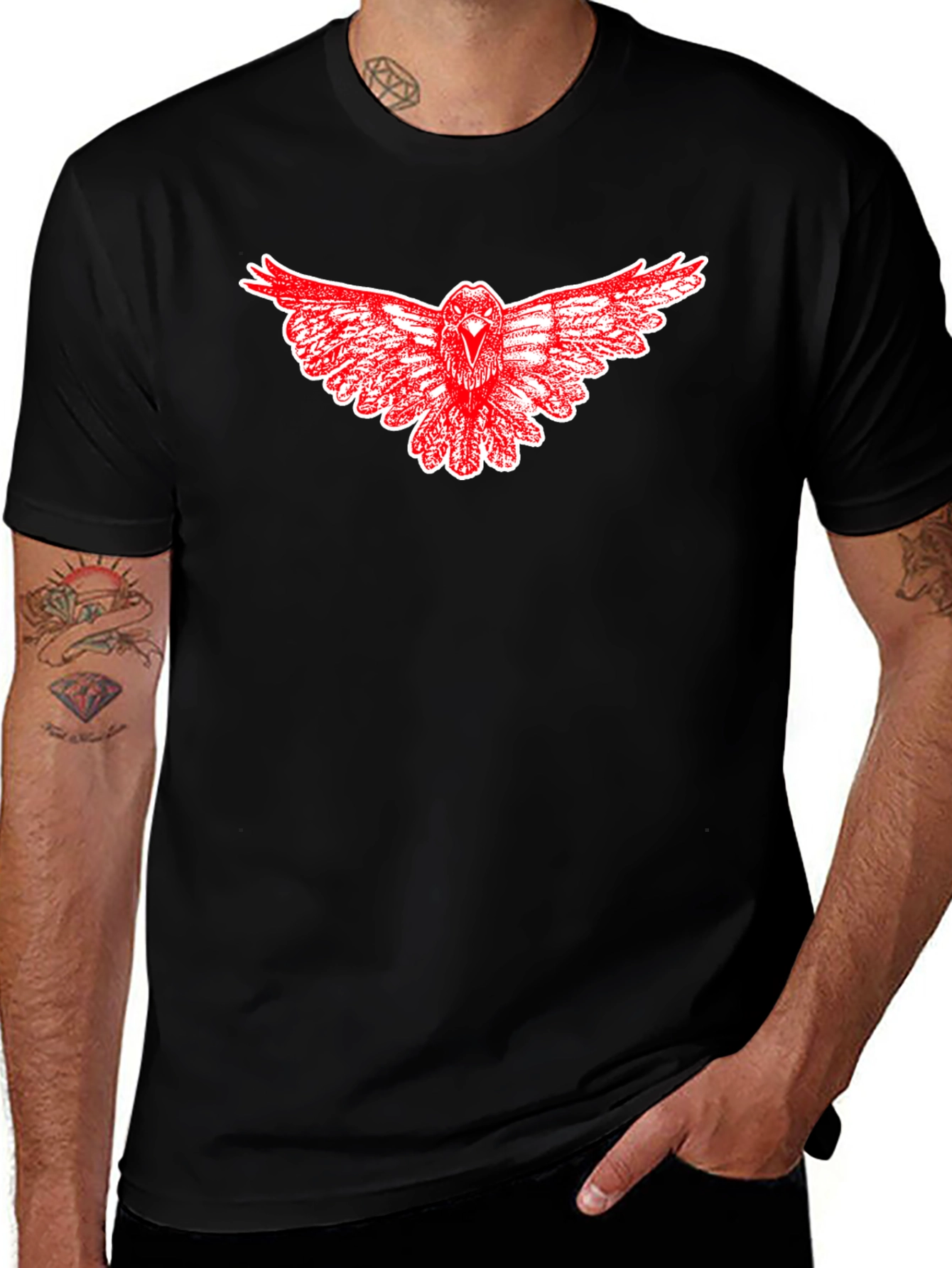 Black T-Shirt with Red Raven Graphic