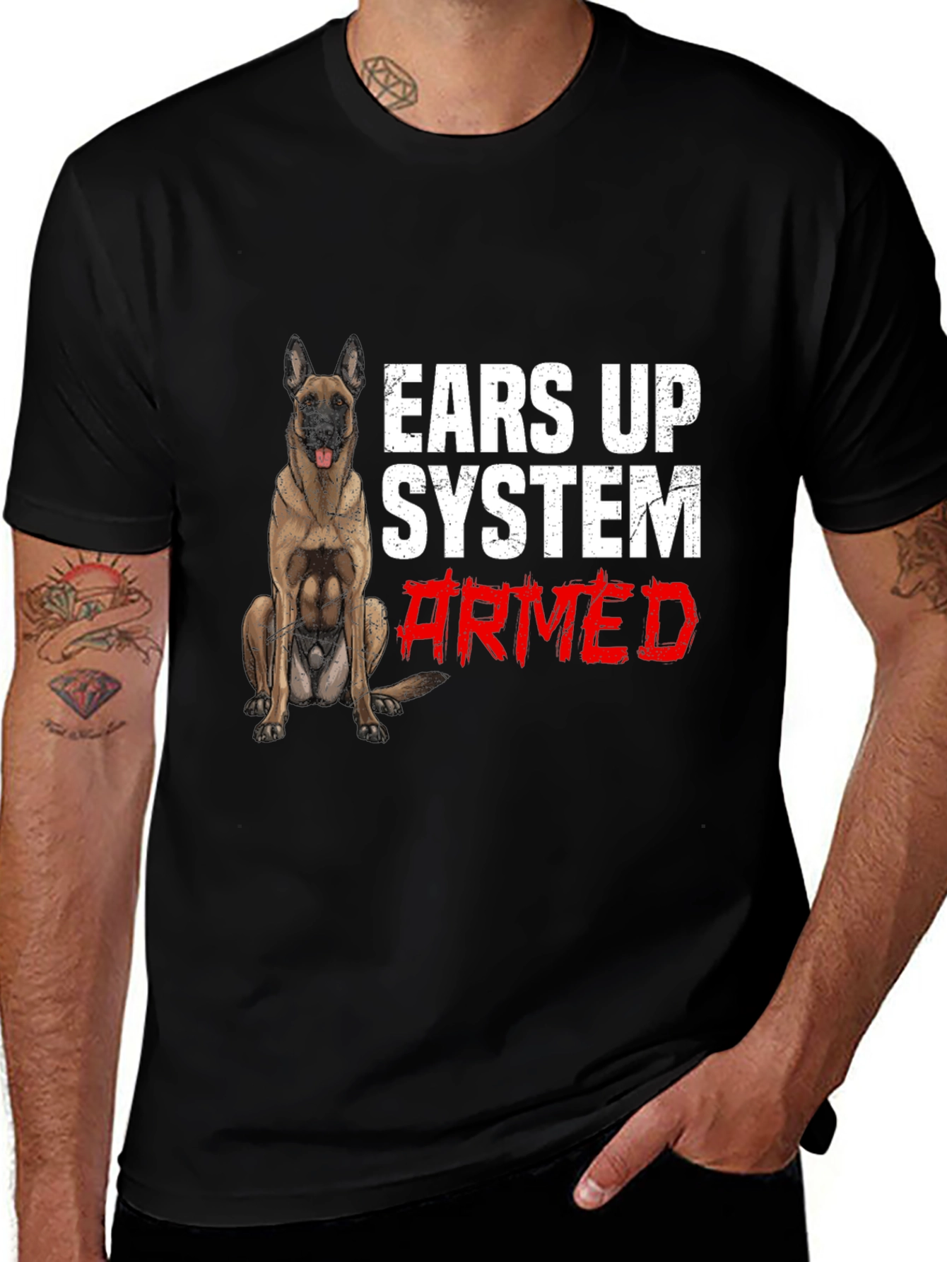 Ears Up System Armed Dog Graphic T-Shirt