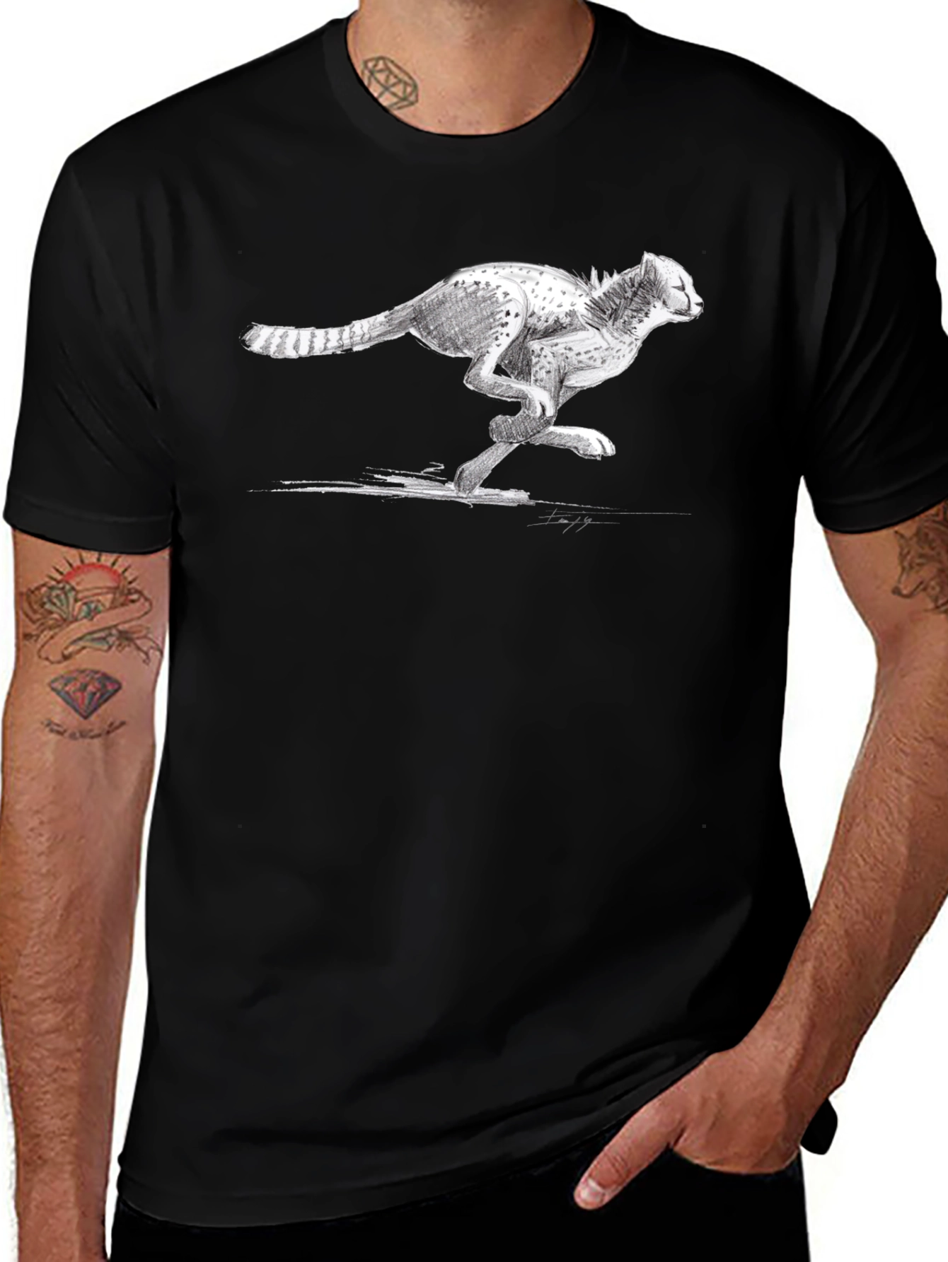 Variant 12 of Cheetah Sketch Graphic Tee - Black Cotton T-Shirt