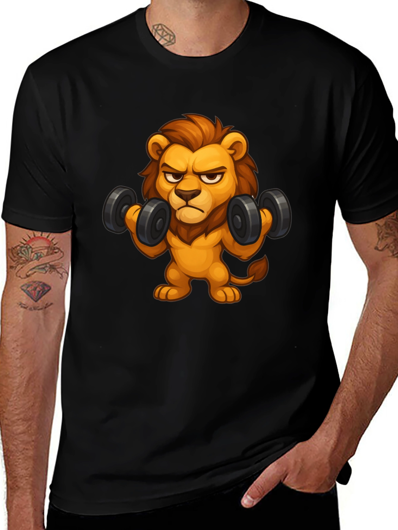 Variant 5 of Cartoon Lion Lifting Weights Black T-Shirt
