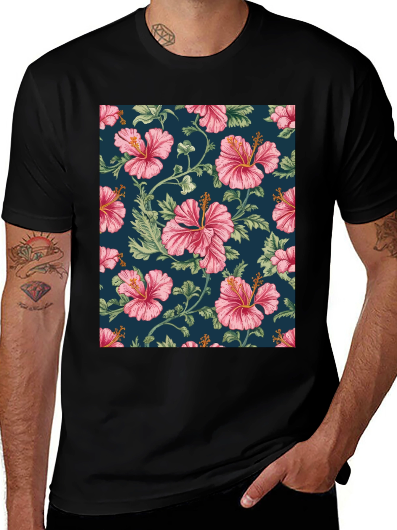 Variant 24 of Floral Hibiscus Print Black T-Shirt