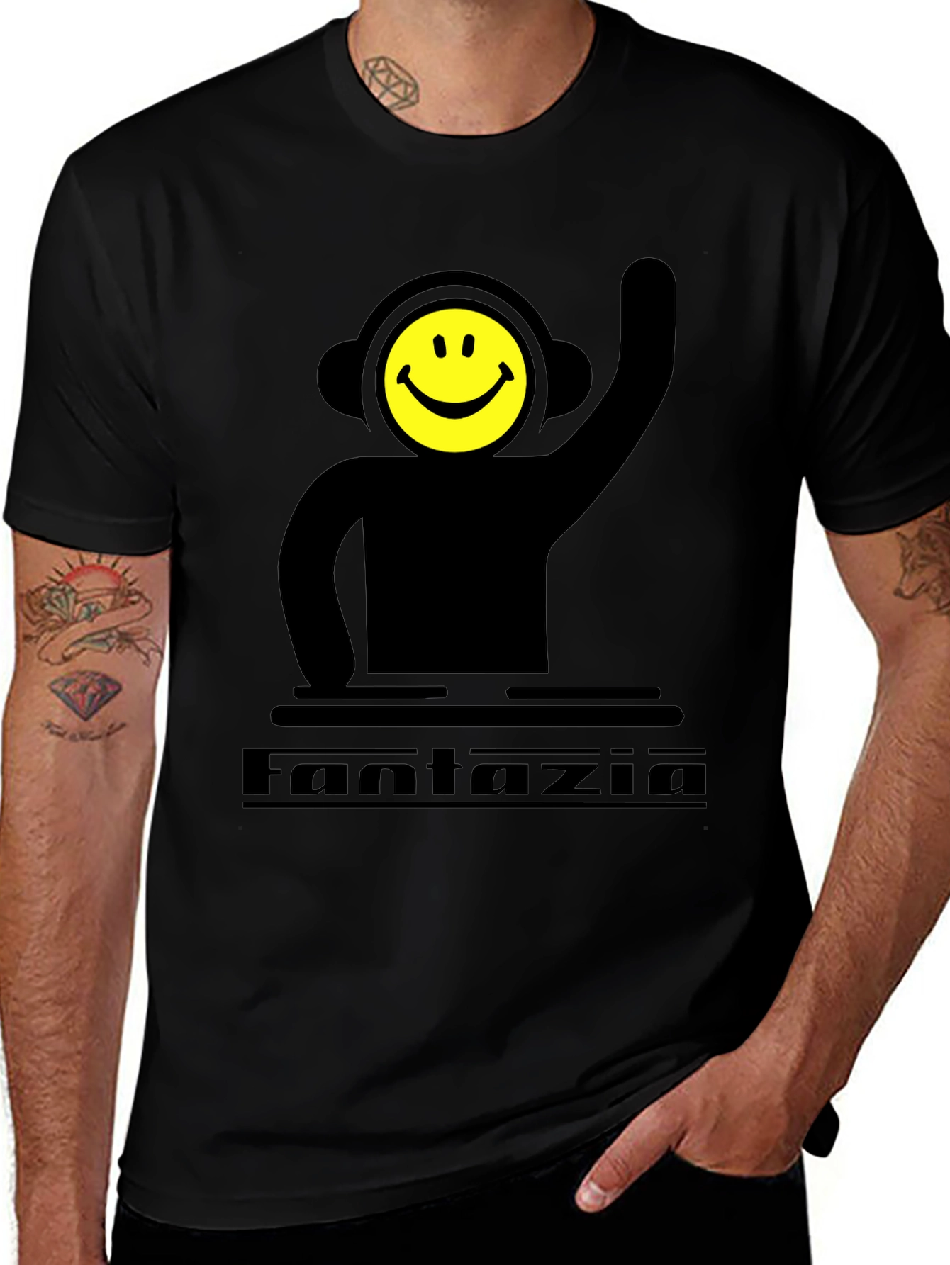 Variant 25 of Fantazia DJ Smiley Face Graphic T-Shirt - Black
