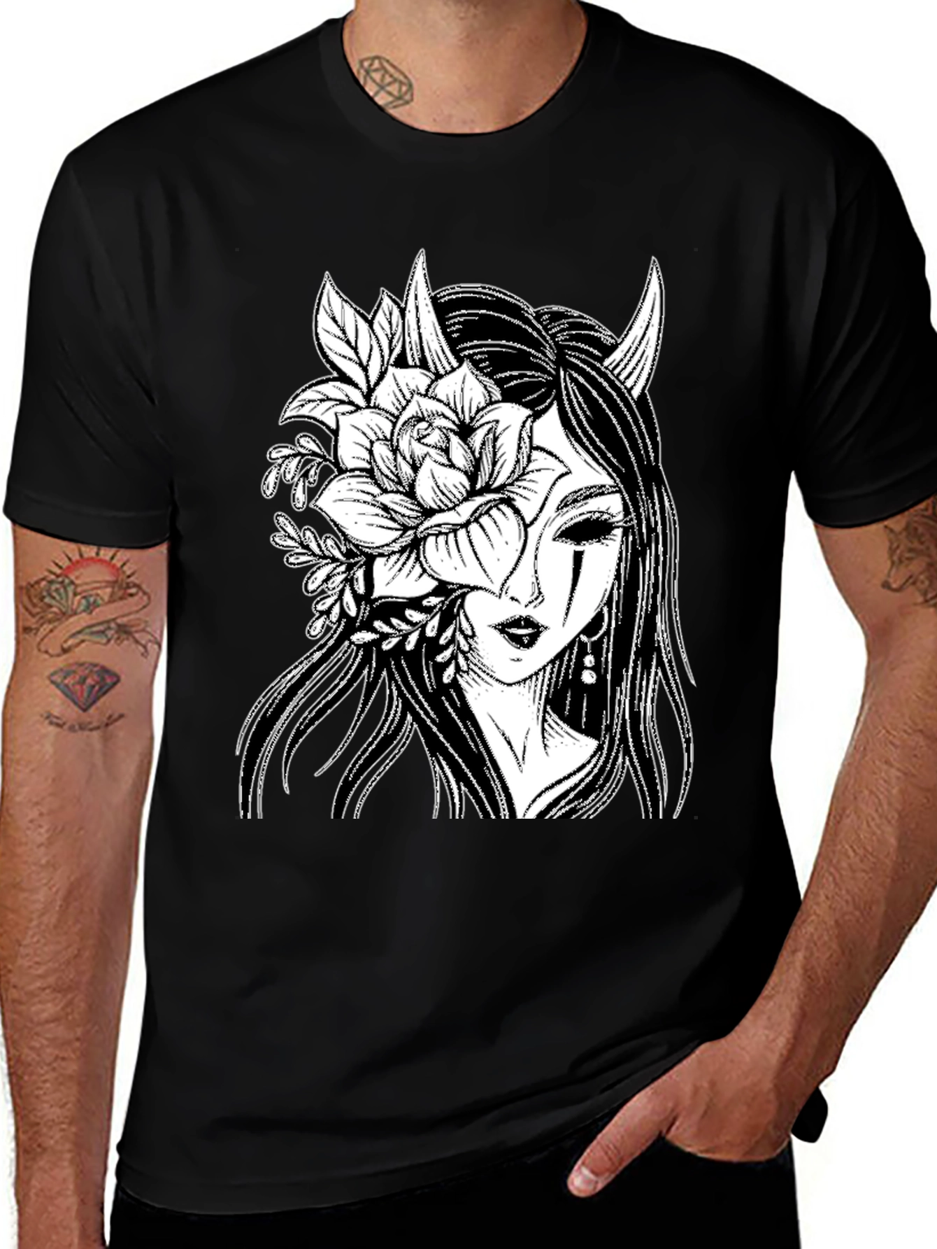 Gothic Floral Horned Woman Black T-Shirt