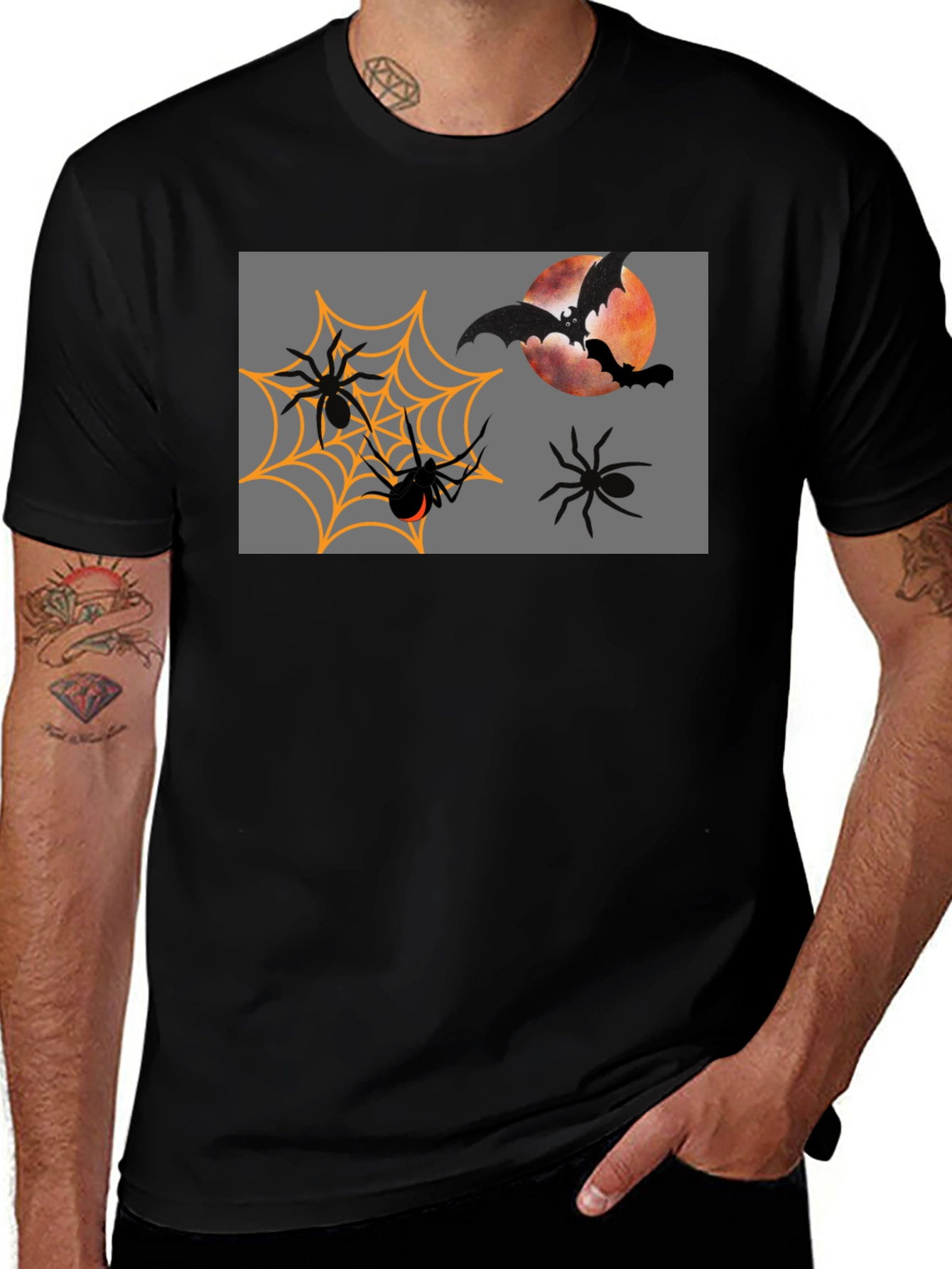 Halloween Bats and Spiders Black T-Shirt