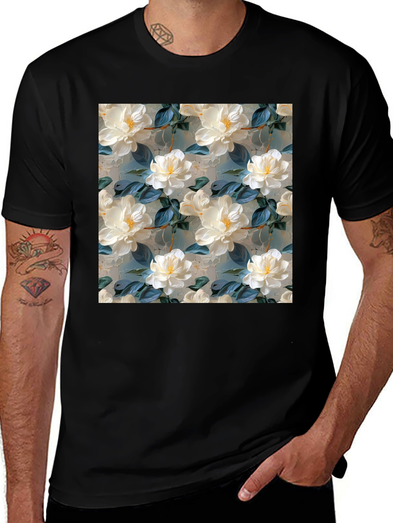 Variant 8 of Floral Print T-Shirt: Elegant White Blossom Design