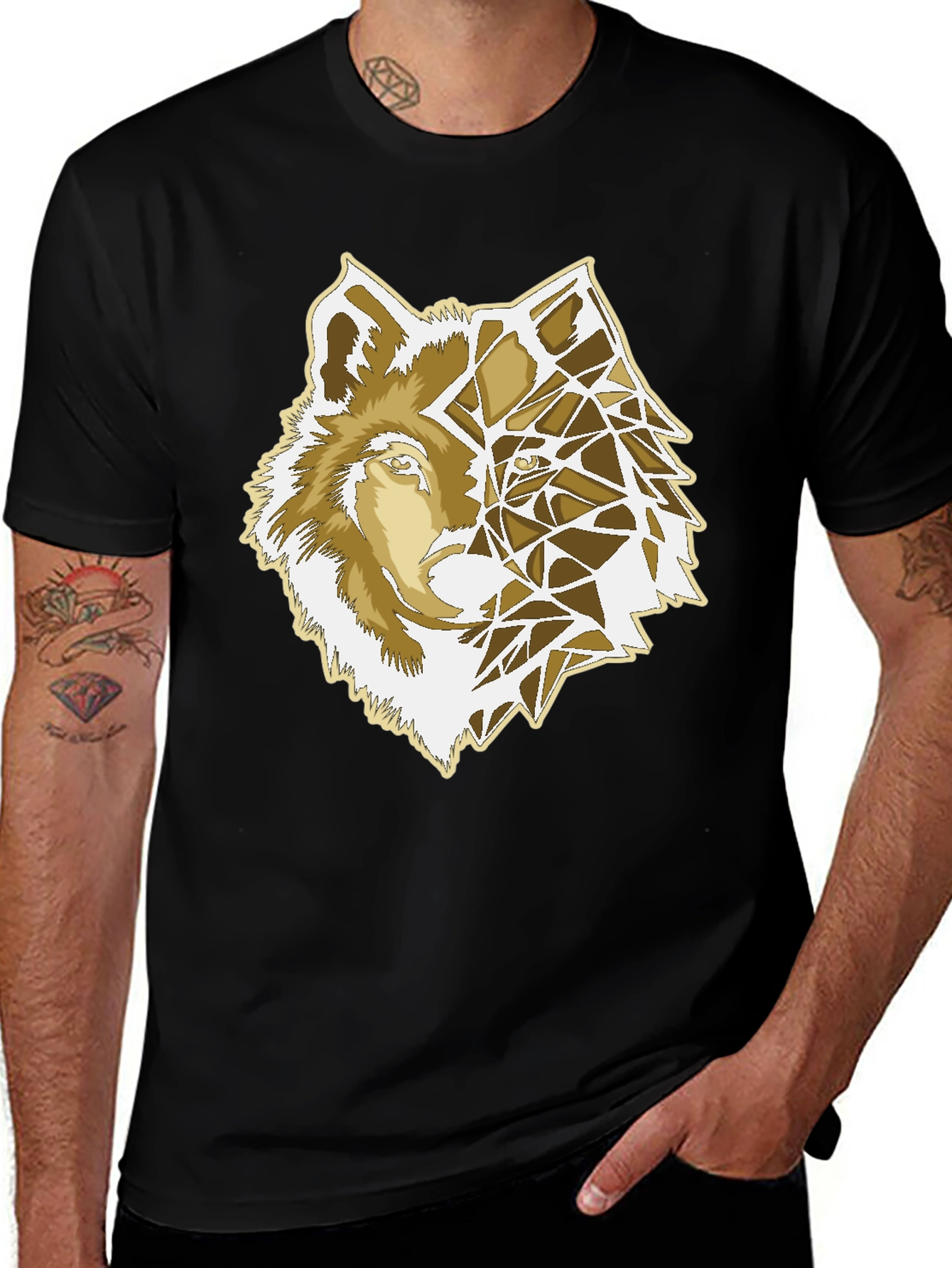 Variant 30 of Geometric Wolf Graphic Print Black T-Shirt