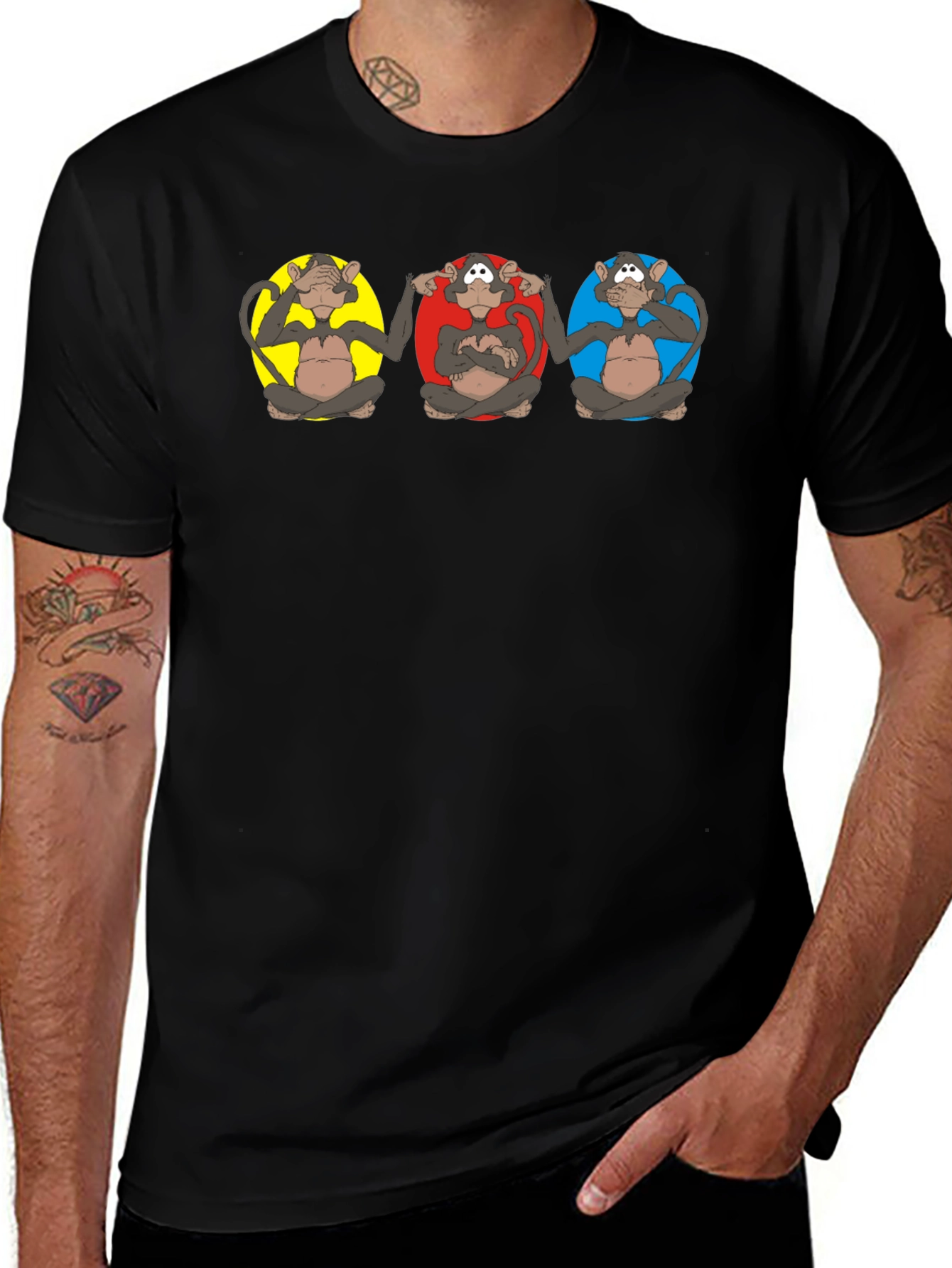 Black T-Shirt with 'See No Evil' Monkey Graphic