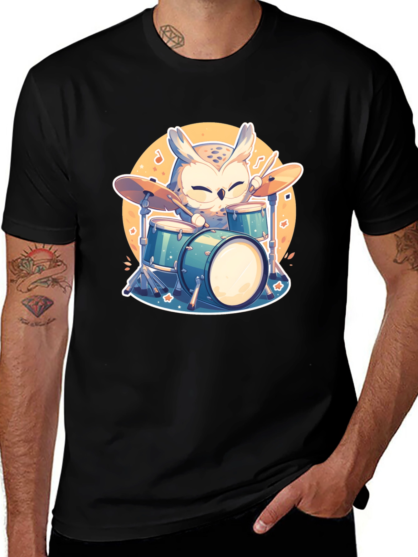 Owl Drummer Black T-Shirt - Cartoon Music Design