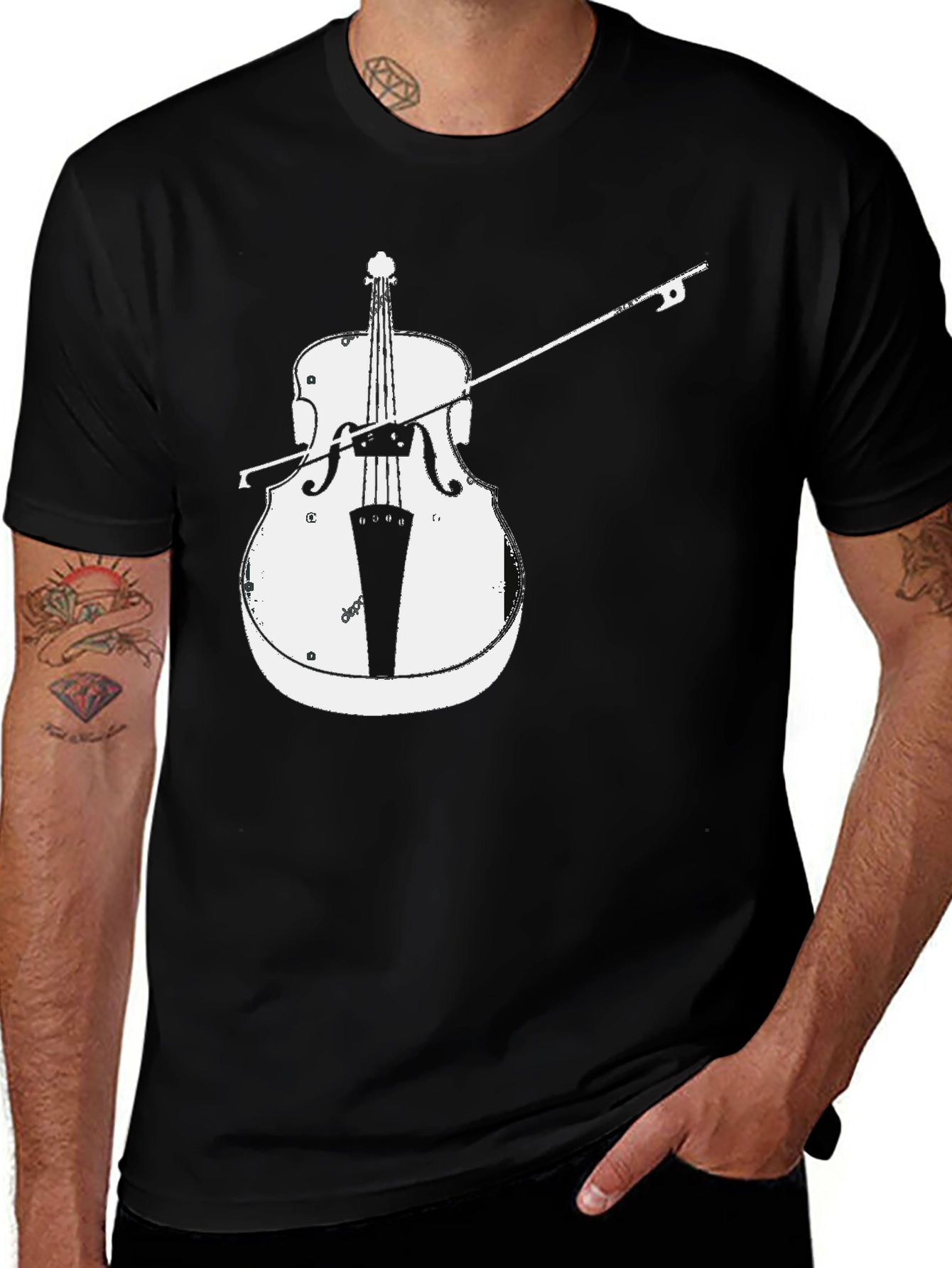 Variant 21 of Musician's Black T-Shirt with White Cello Design