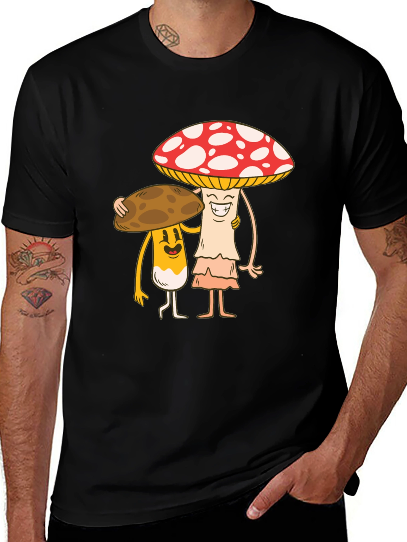 Variant 15 of Black T-Shirt with Mushroom Buddies Graphic