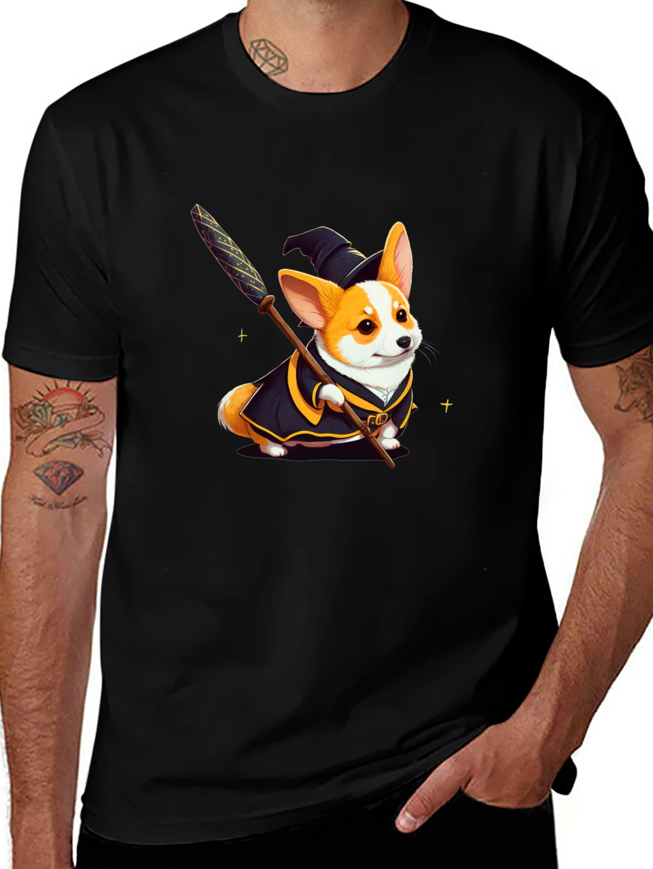 Variant 21 of Wizard Corgi Graphic Tee - Black T-Shirt
