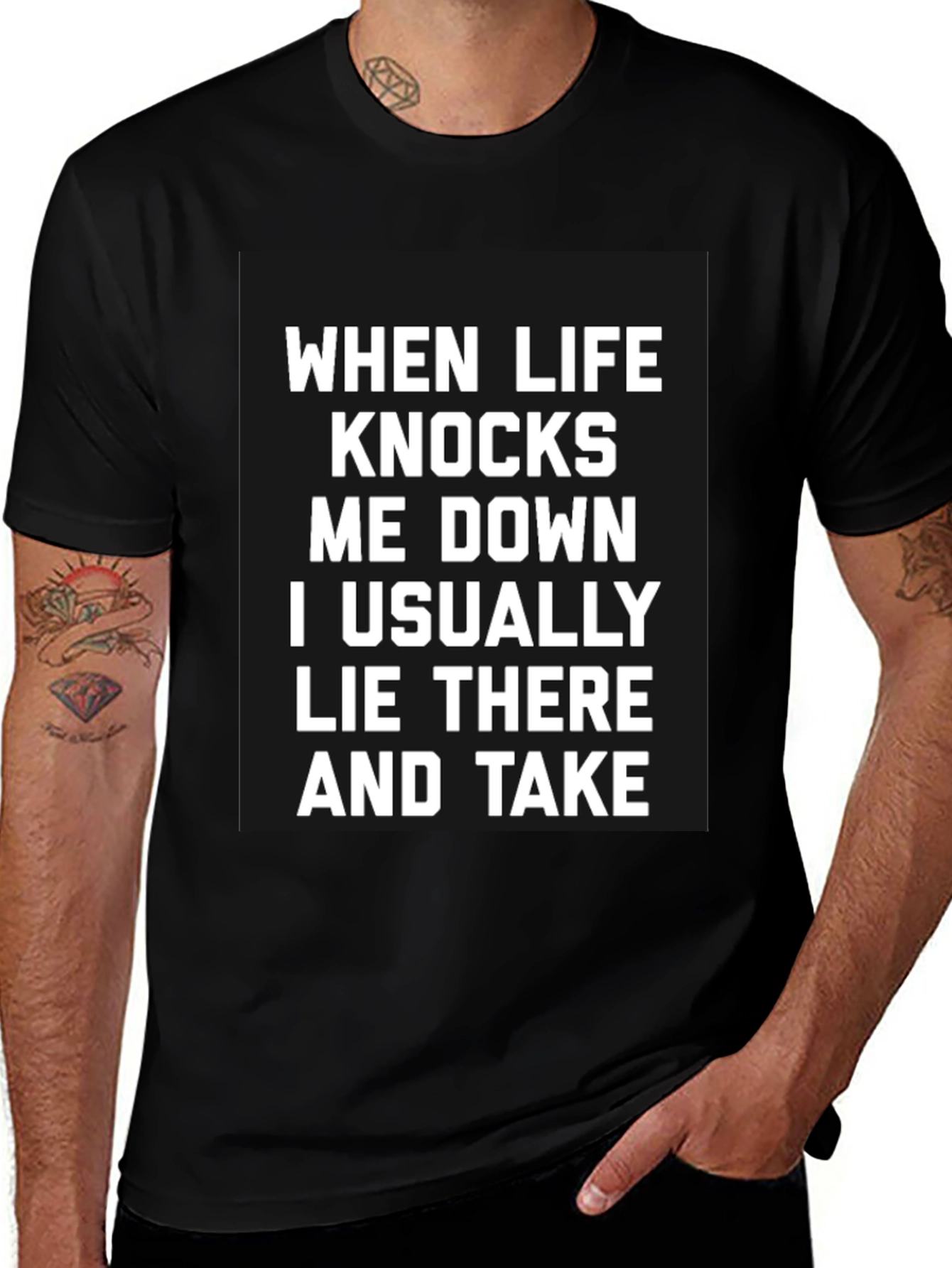 Variant 6 of Humorous Graphic Tee: "When Life Knocks Me Down"