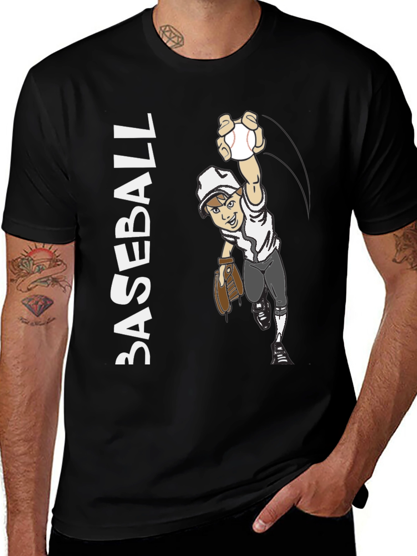 Black Cartoon Baseball Player Graphic Tee - Black Cotton Blend main image