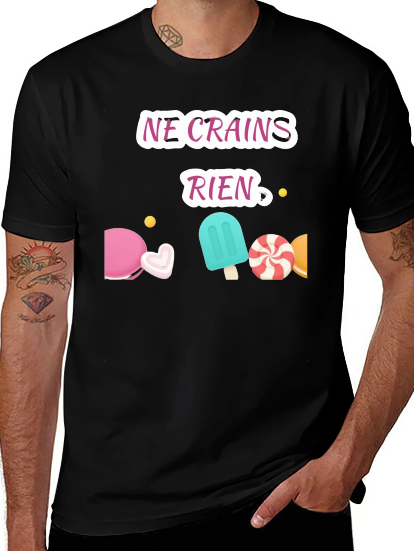 Variant 30 of Ne Crains Rien Black T-Shirt with Candy Design