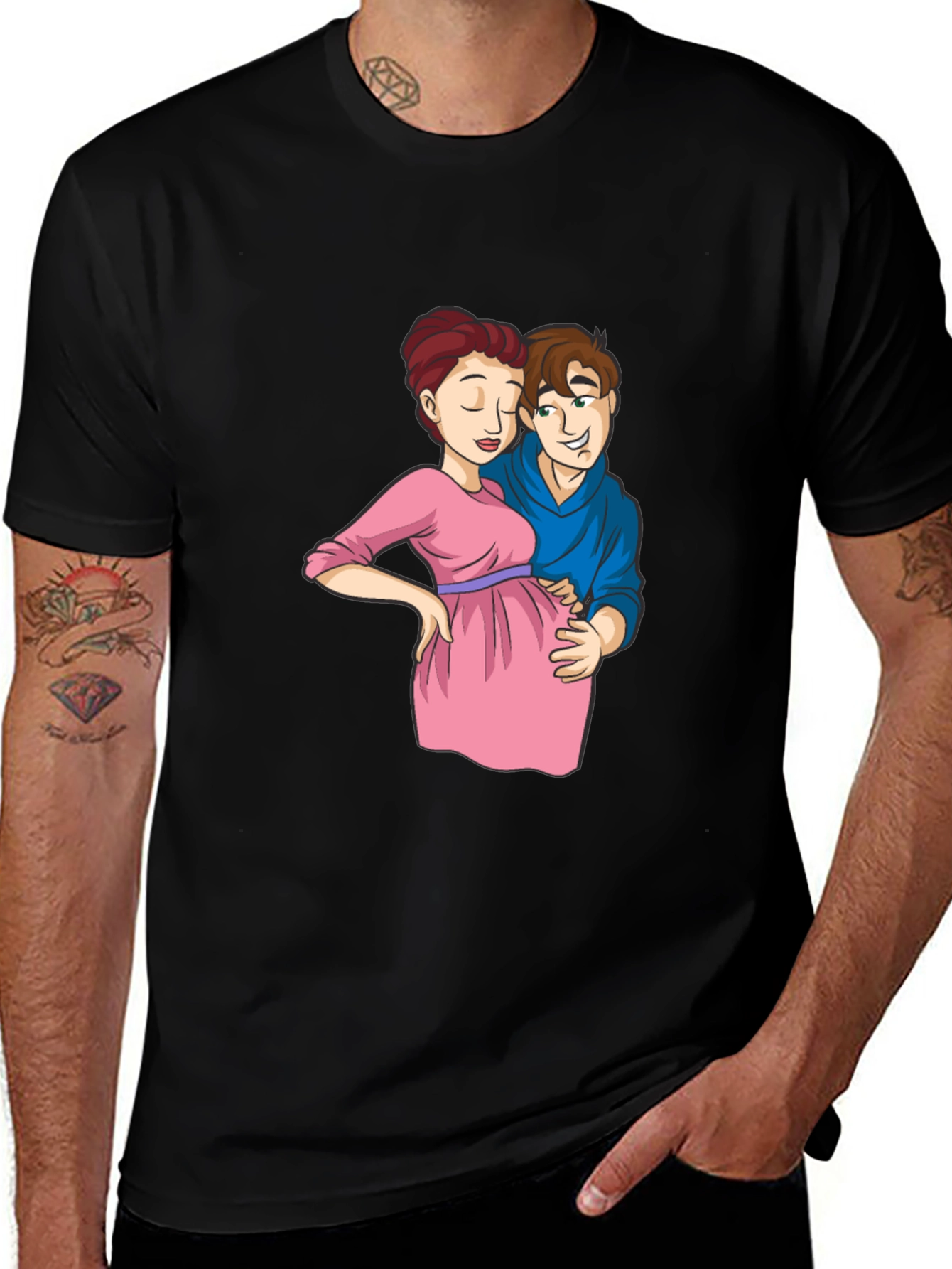 Variant 25 of Cartoon Couple Pregnancy T-Shirt - Black