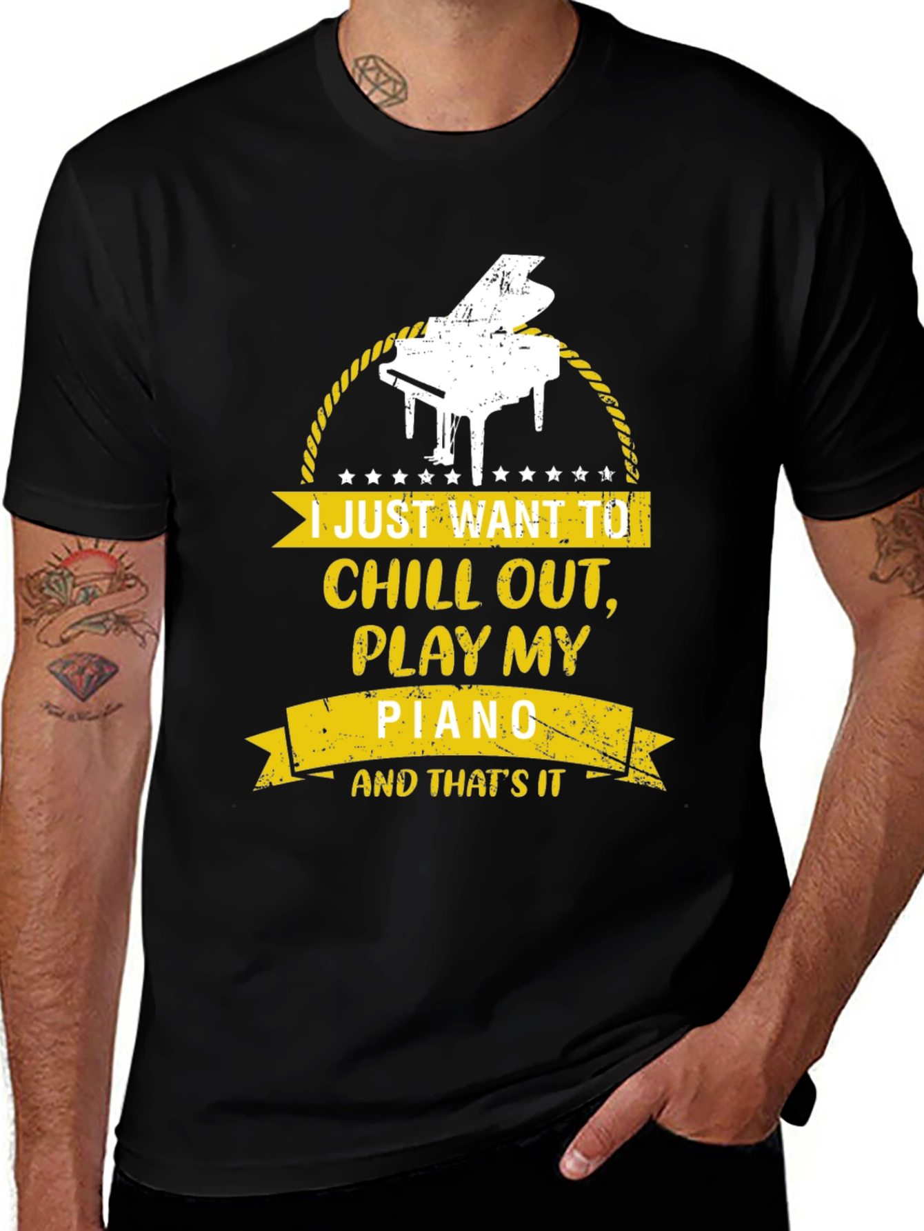 Variant 23 of Chill Out, Play Piano Black T-Shirt