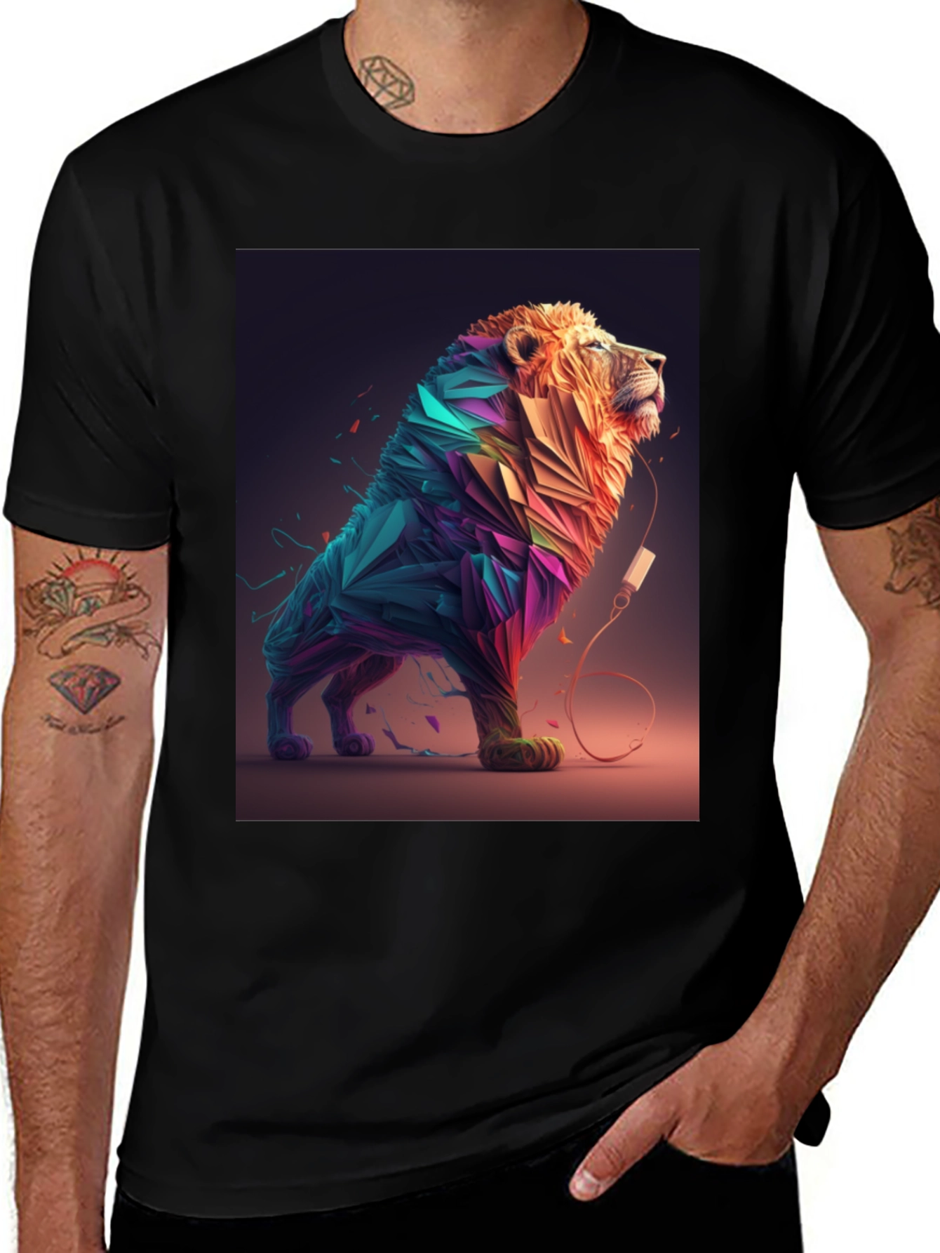 Variant 20 of Abstract Lion Graphic Tee - Stylish Men's Black T-Shirt