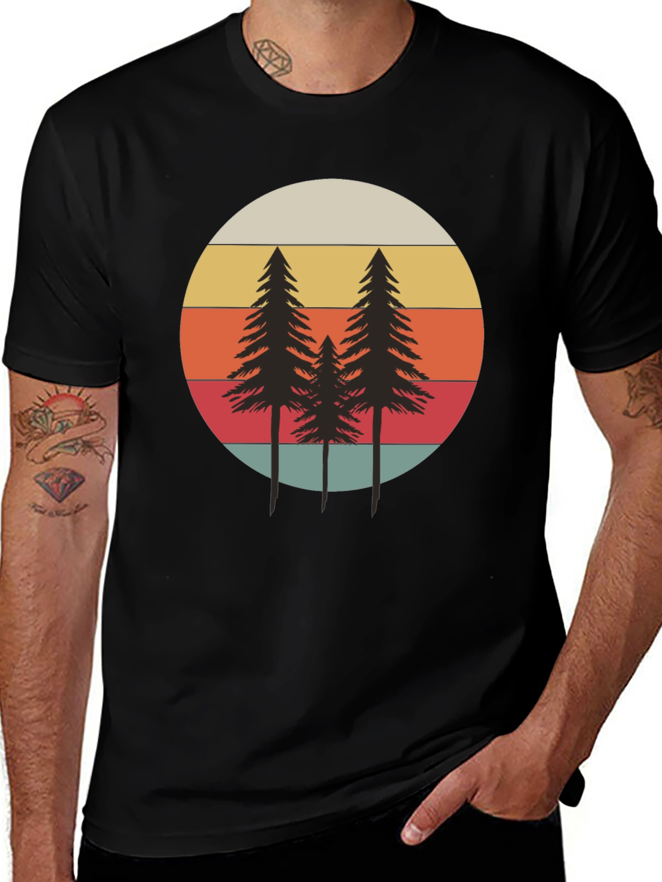Variant 19 of Retro Sunset Pine Tree Graphic Tee - Black