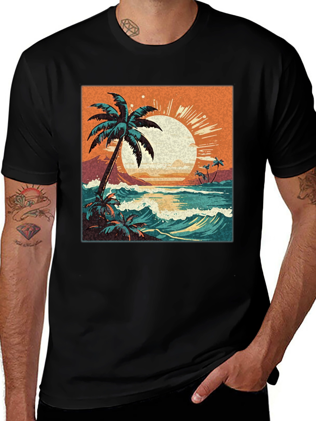 Variant 23 of Tropical Beach Graphic Tee - Retro Sunset Design
