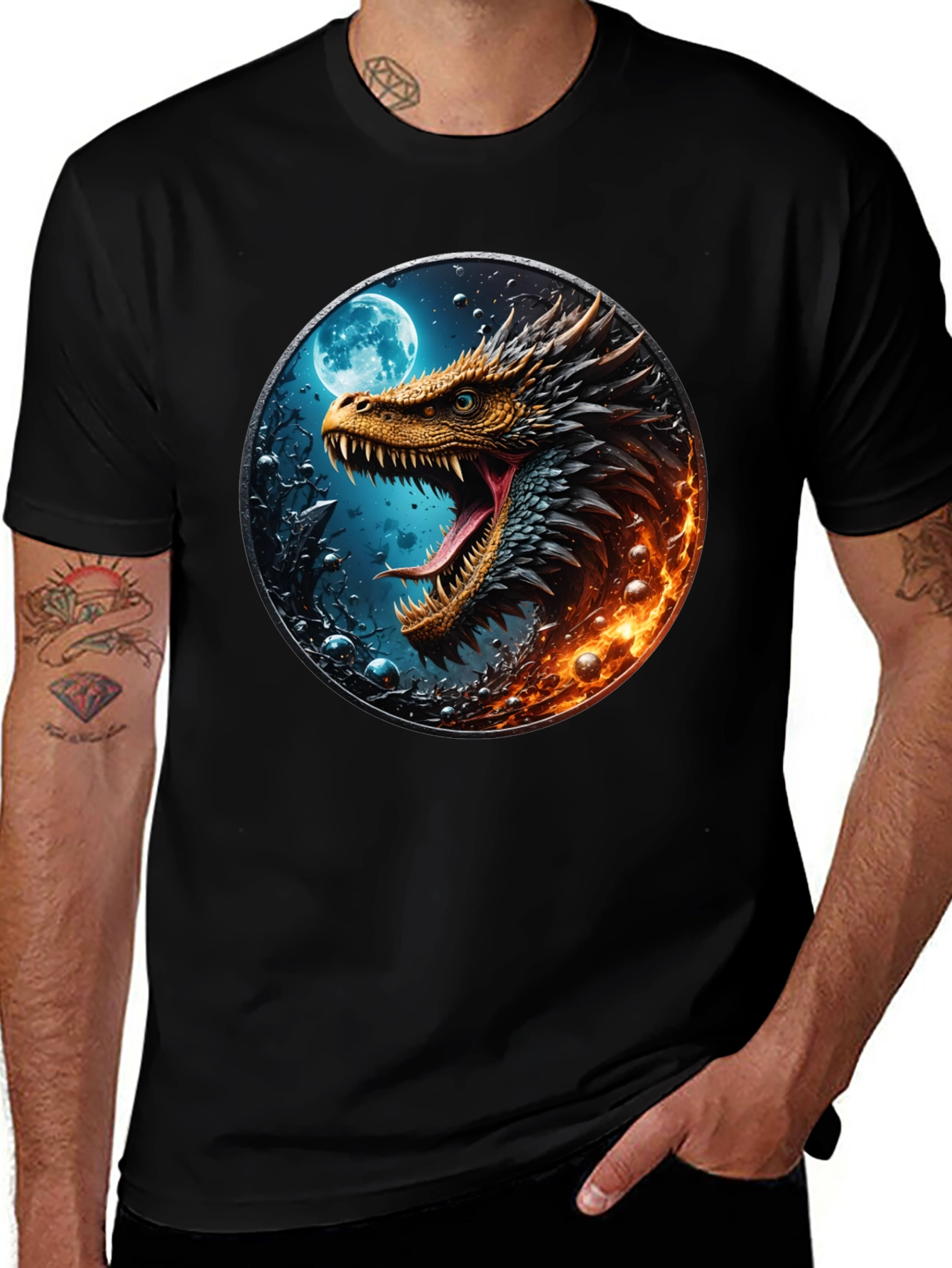 Variant 14 of Dragon Moon Graphic Tee - Fire & Ice Style