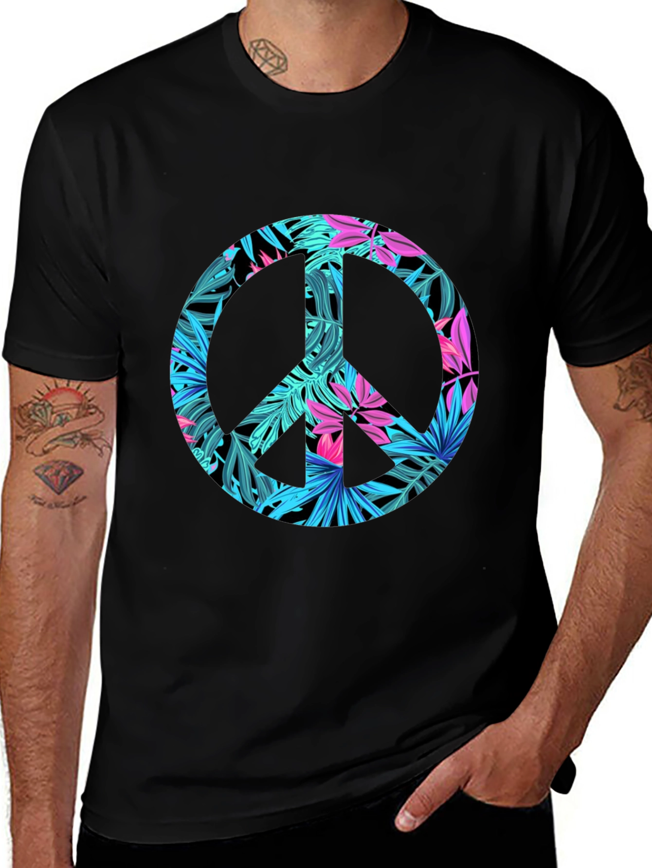 Variant 2 of Tropical Peace Sign Black T-Shirt