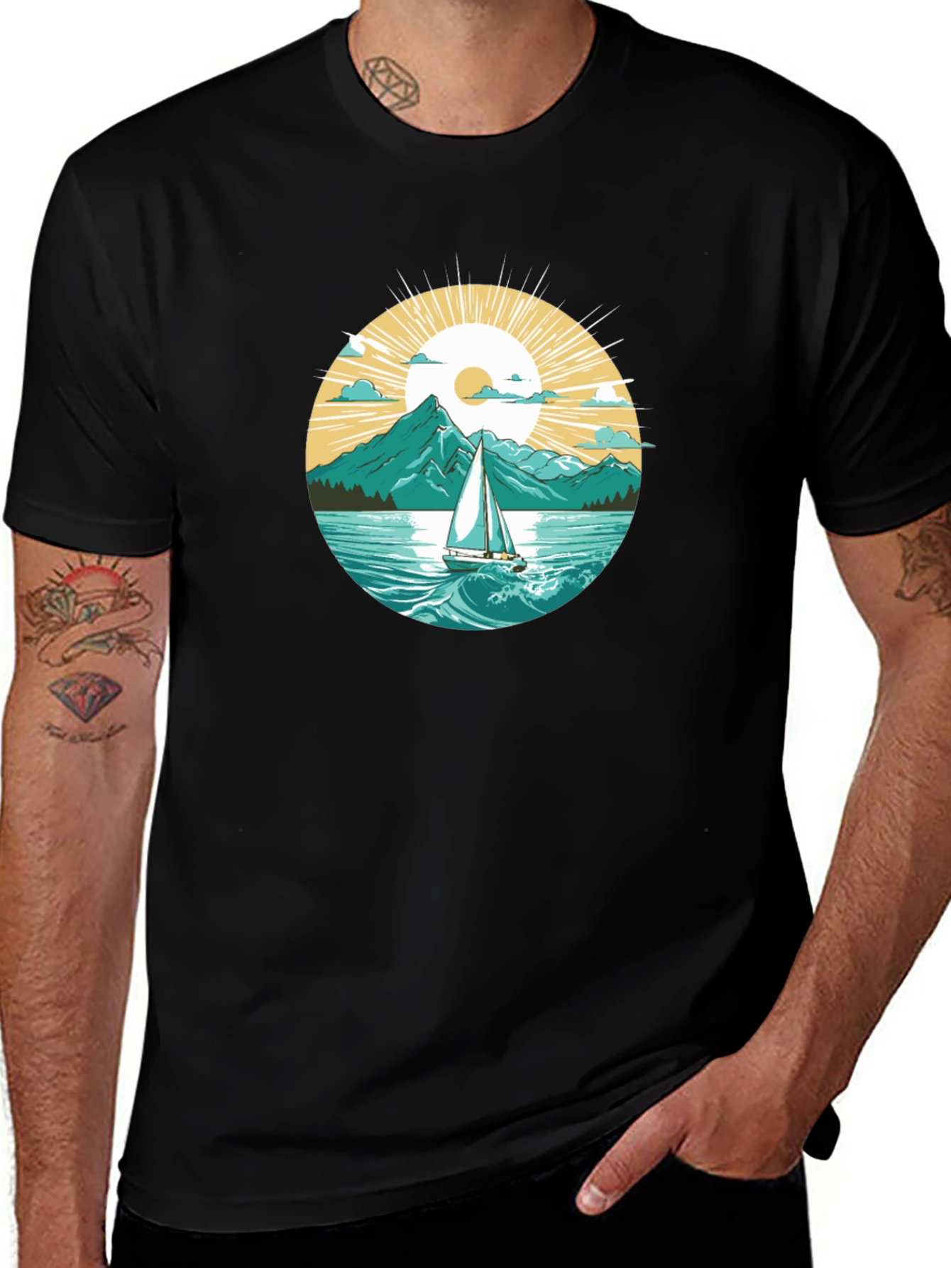 Variant 14 of Sailboat & Mountain Graphic Black T-Shirt