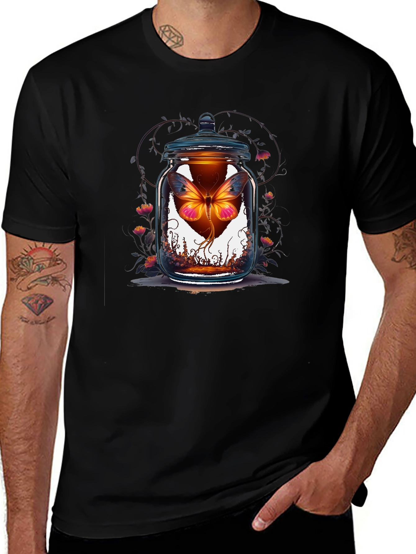 Butterfly in Jar Graphic Tee - Black Cotton T-Shirt