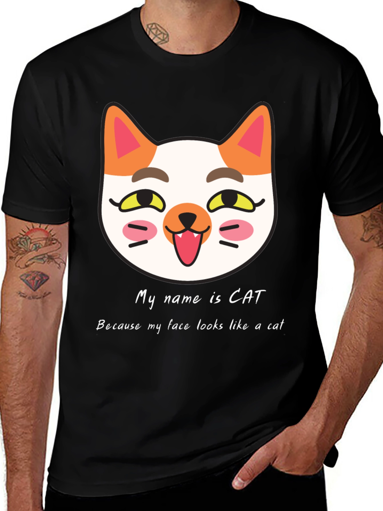 Variant 13 of Cat Face Graphic Black T-Shirt: My Name is Cat!