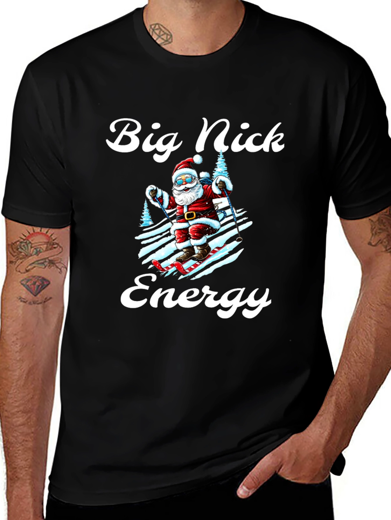 Variant 19 of Big Nick Energy Santa Skiing Graphic Tee