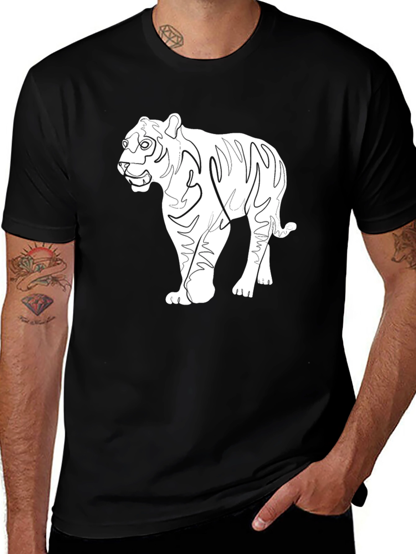 Variant 13 of Black Tiger Graphic Tee - Unique Line Art Design