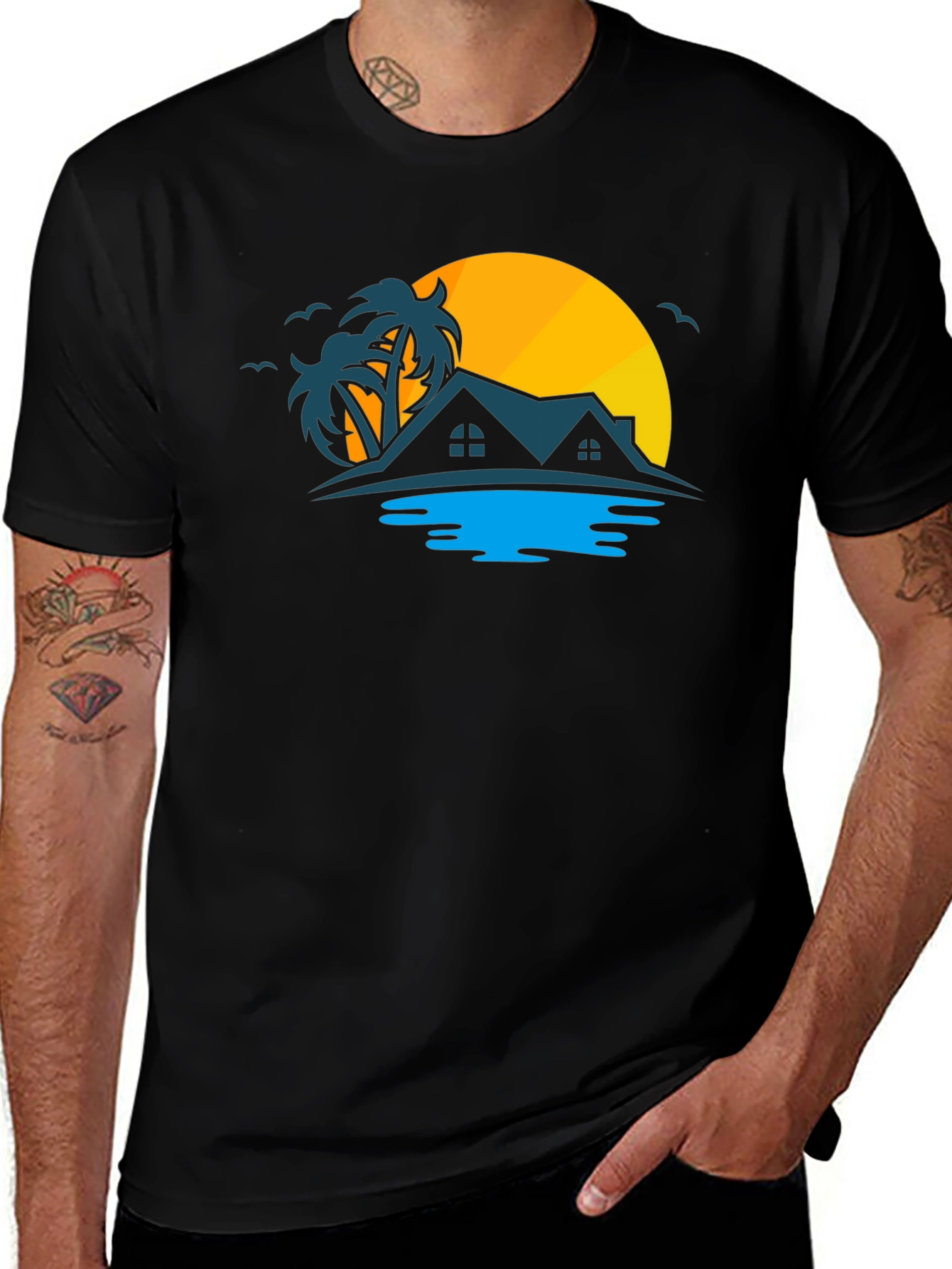 Tropical Sunset T-Shirt: Palm Trees & Beach House Design