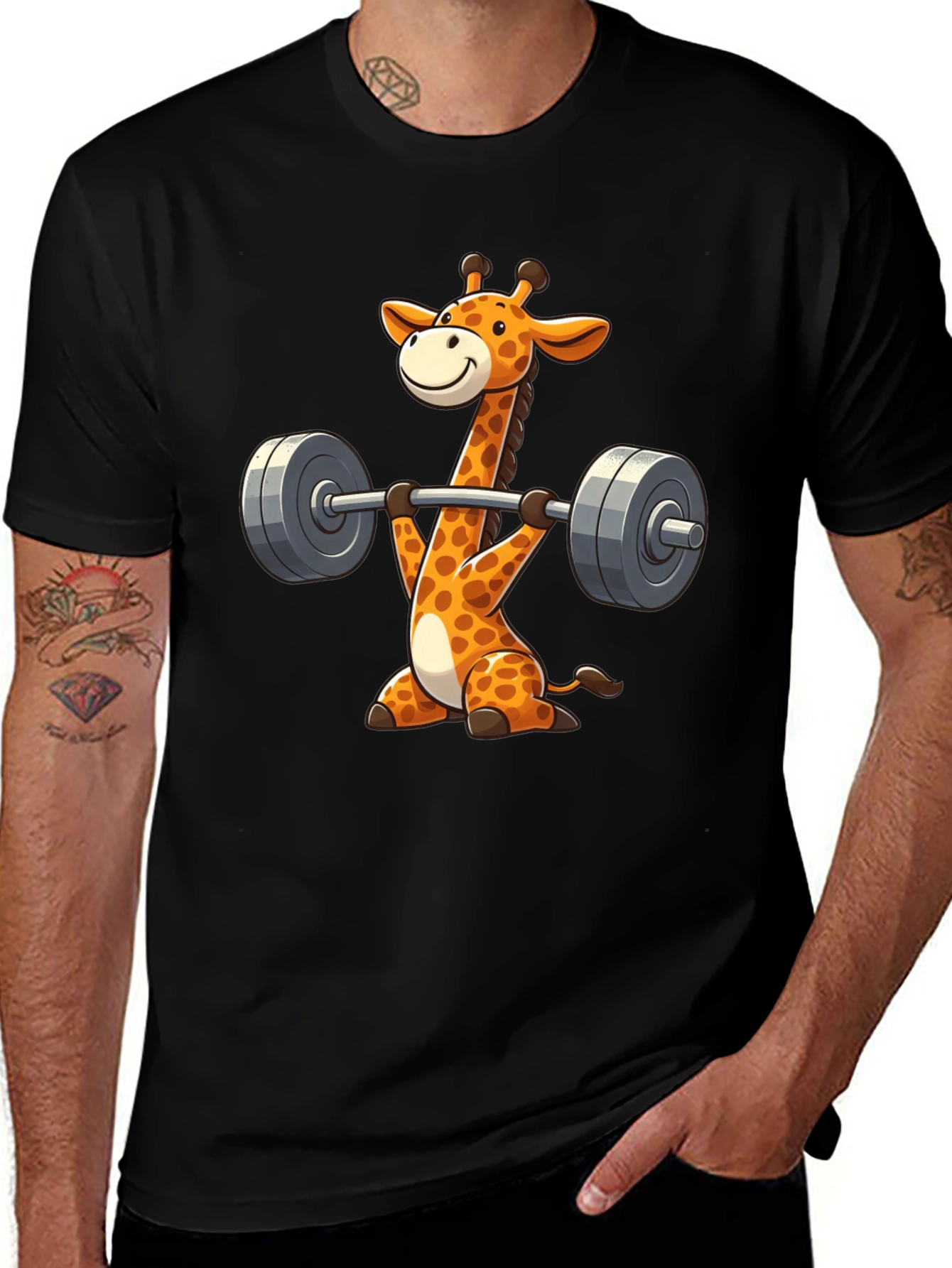 Giraffe Gym Black T-Shirt - Weightlifting Cartoon Animal Tee