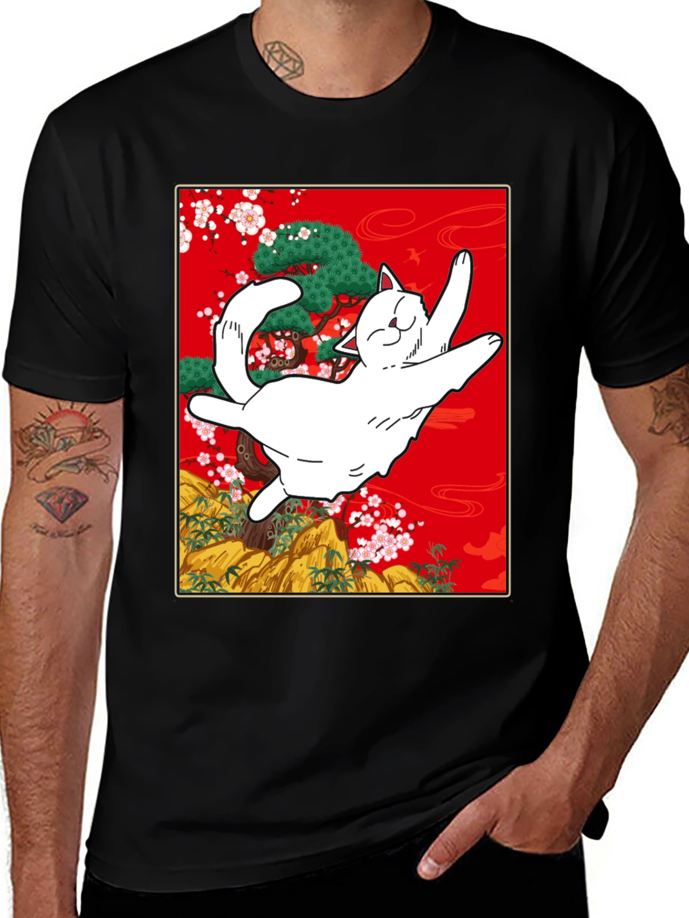 Variant 5 of Japanese Cat Graphic Tee - Black