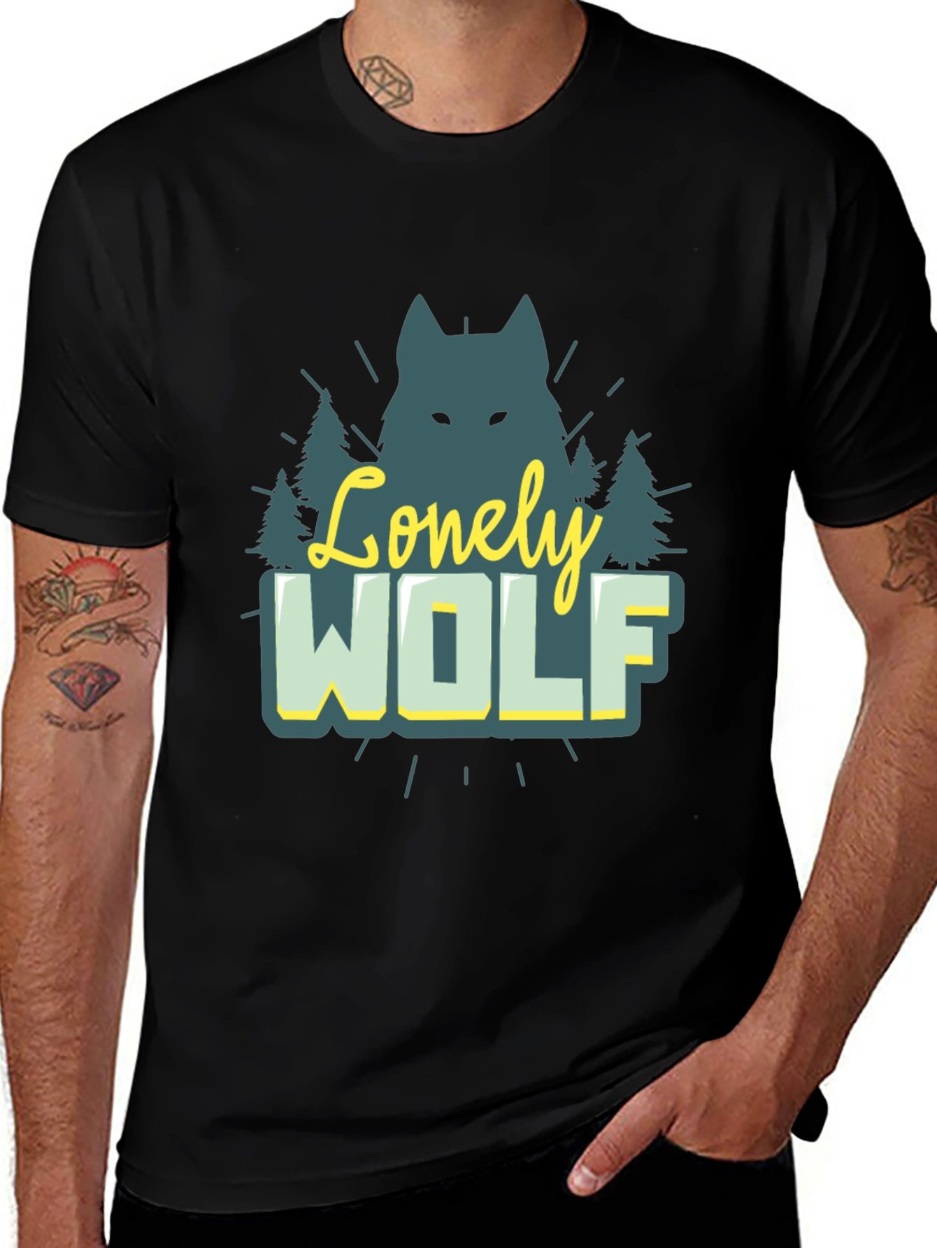 Black Lonely Wolf Graphic Tee - Nature Inspired Black T-Shirt main image